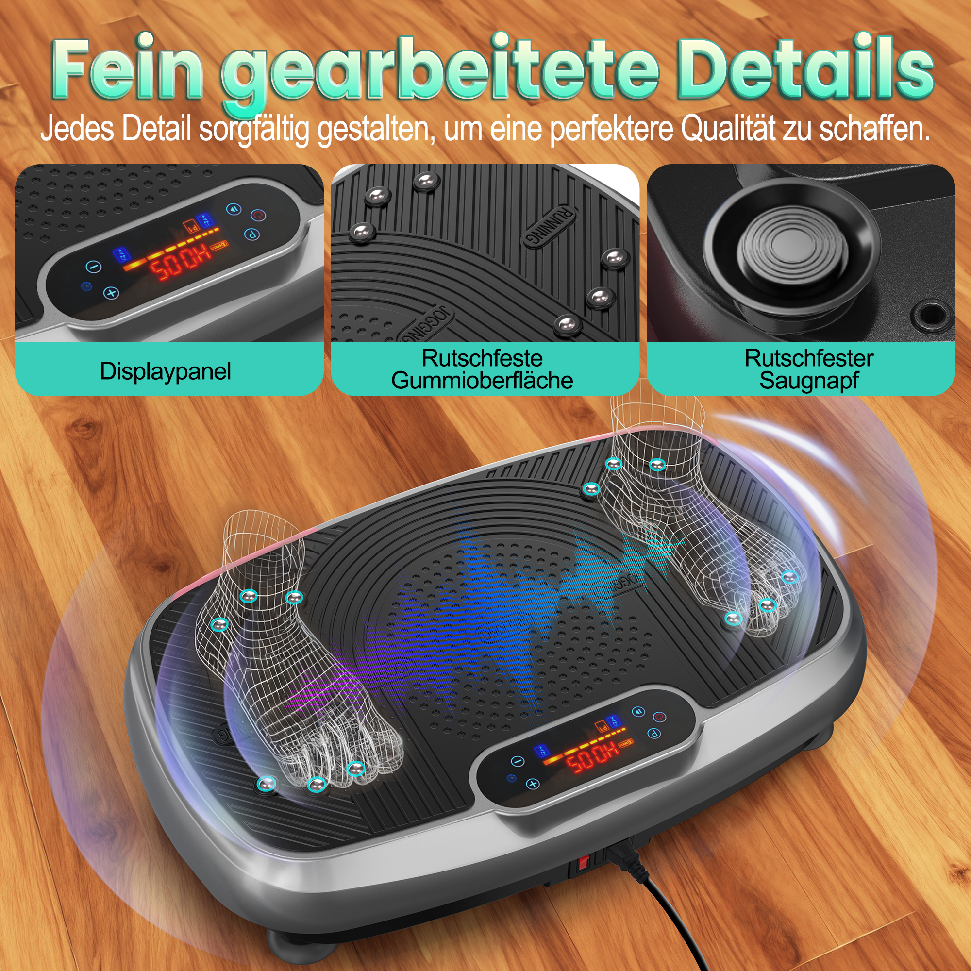 Vibrationsplatte mit Display, Gummioberfläche und Saugnäpfen.