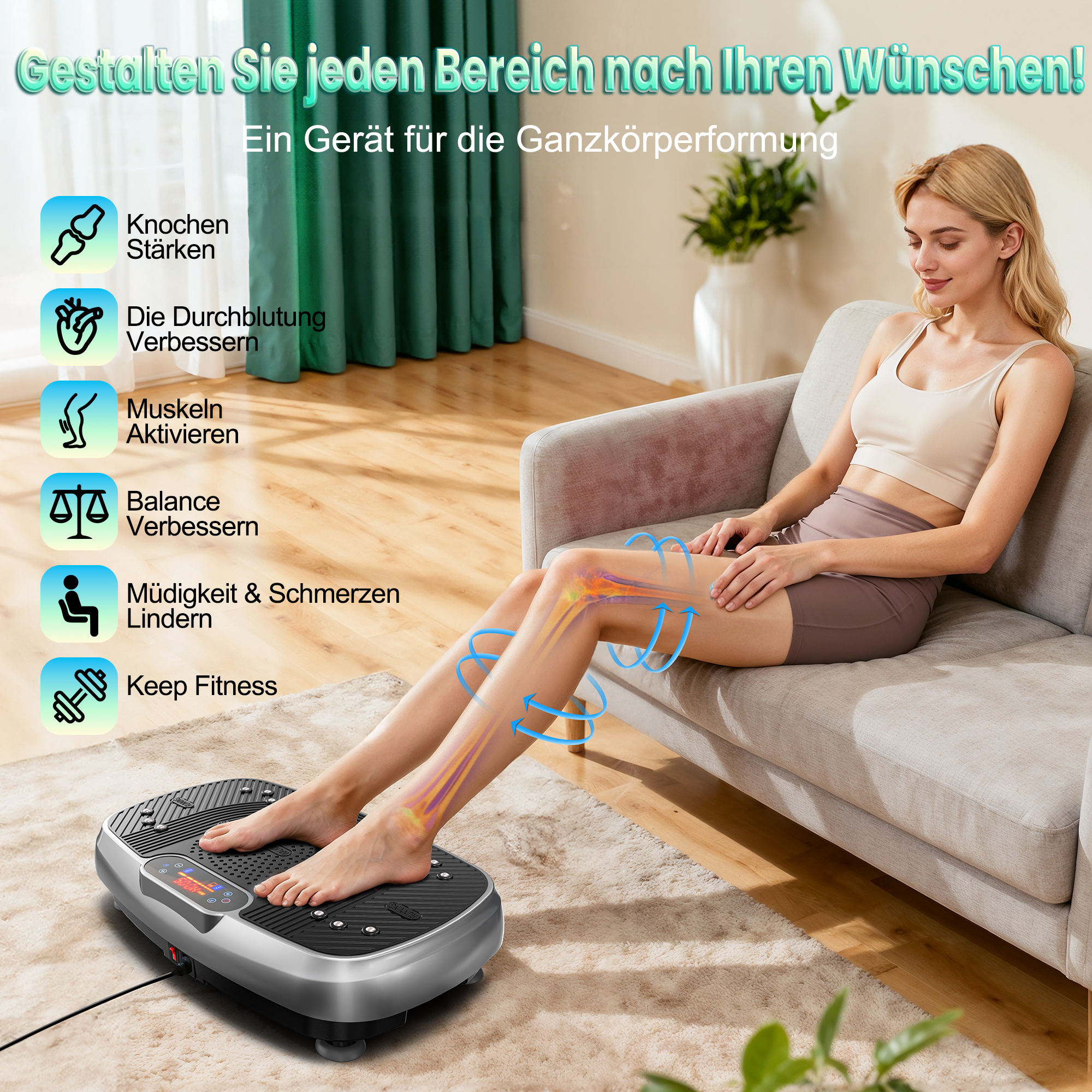 Eine Frau sitzt auf einem Sofa, ihre Füße auf einer Vibrationsplatte. Grafiken zeigen Vorteile.