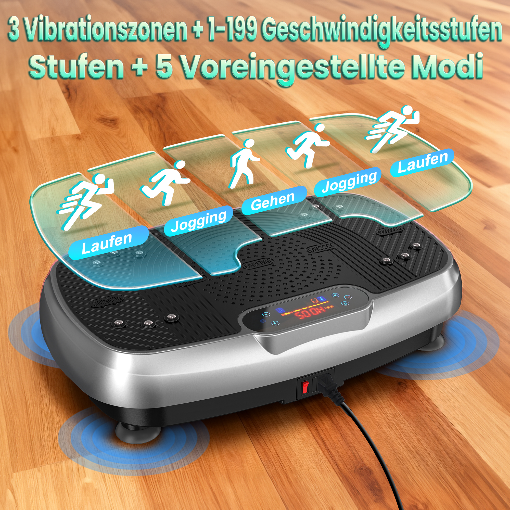 Vibrationsplatte mit verschiedenen Laufmodi wie Gehen, Joggen und Laufen.