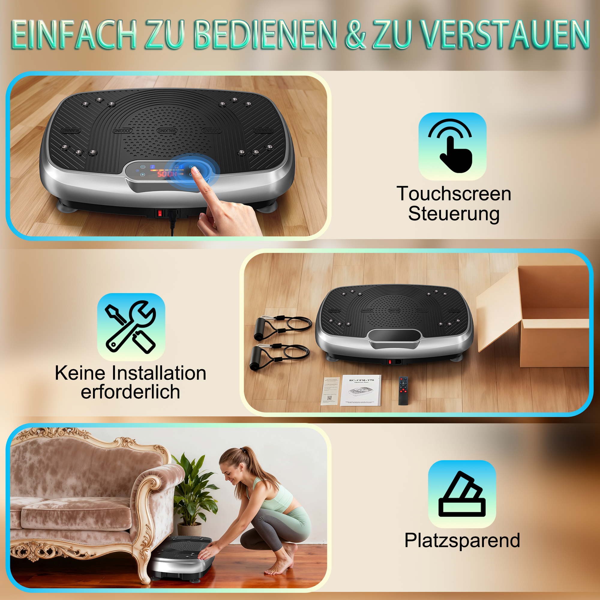 Vibrationsplatte mit Touchscreen-Steuerung, kein Werkzeug nötig, platzsparend.
