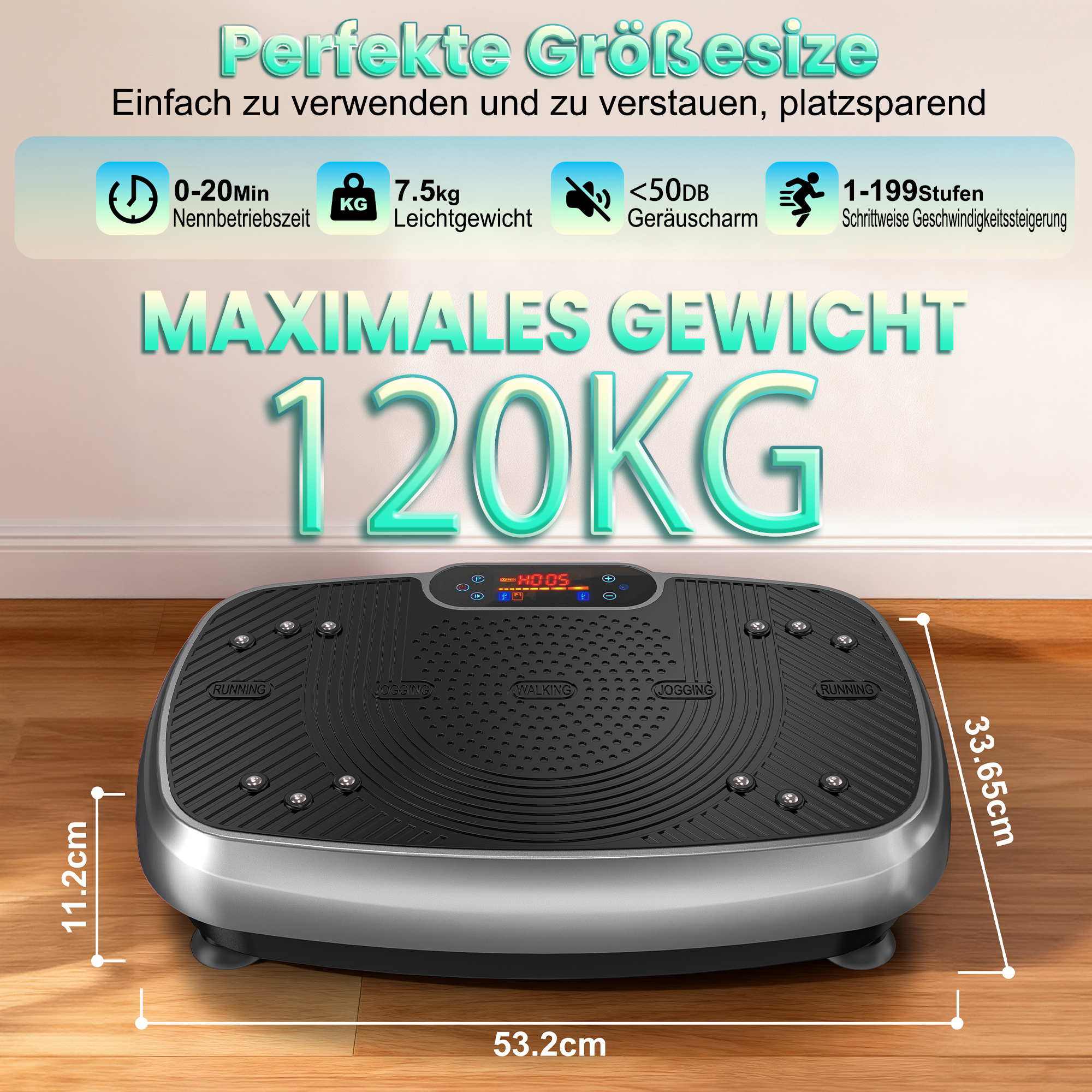 Vibrationsplatte mit Display, maximal 120kg, 11.2cm hoch, 53.2cm breit.