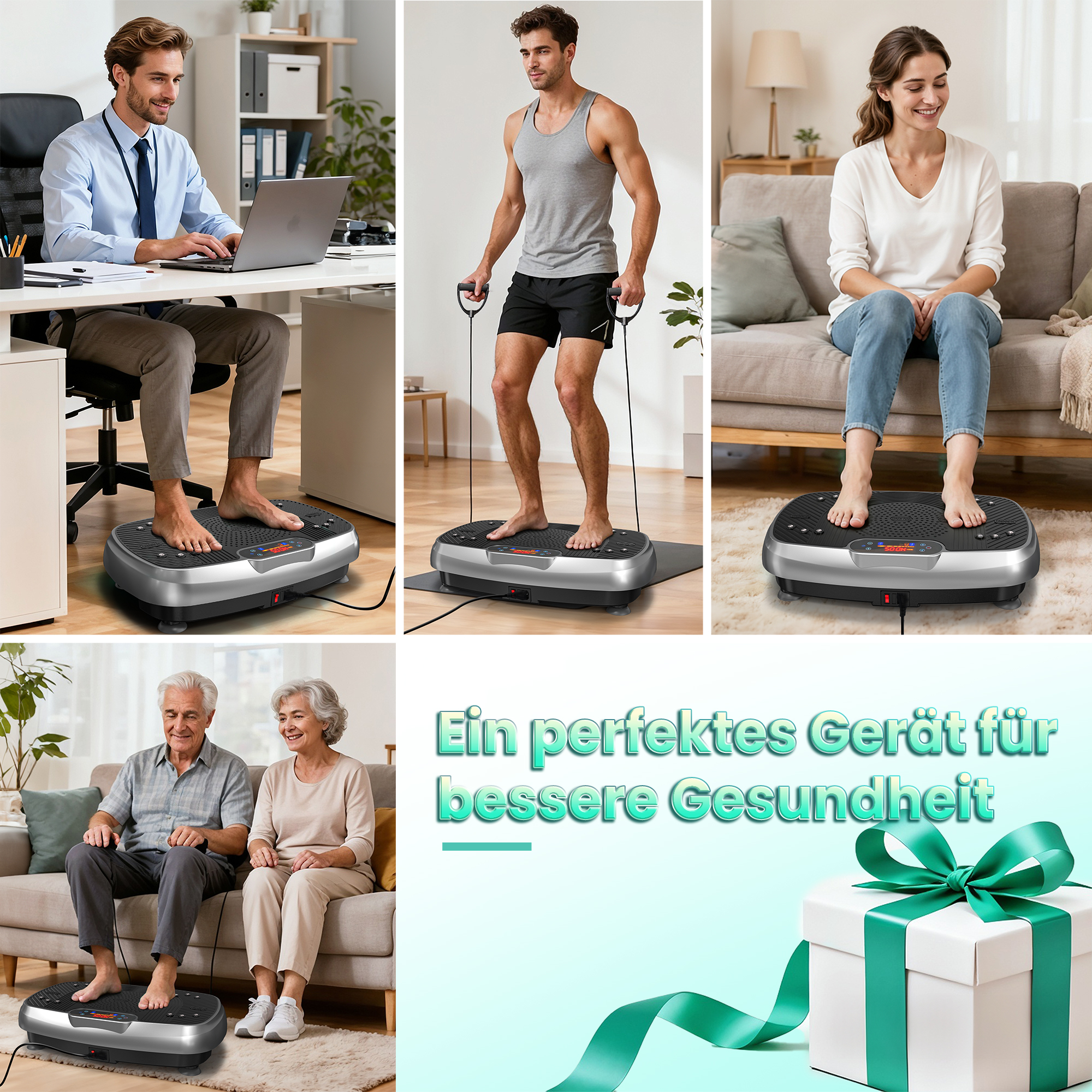 Collage zeigt Menschen bei der Nutzung von Vibrationsplatten in Büros, zu Hause und mit älteren Paaren.
