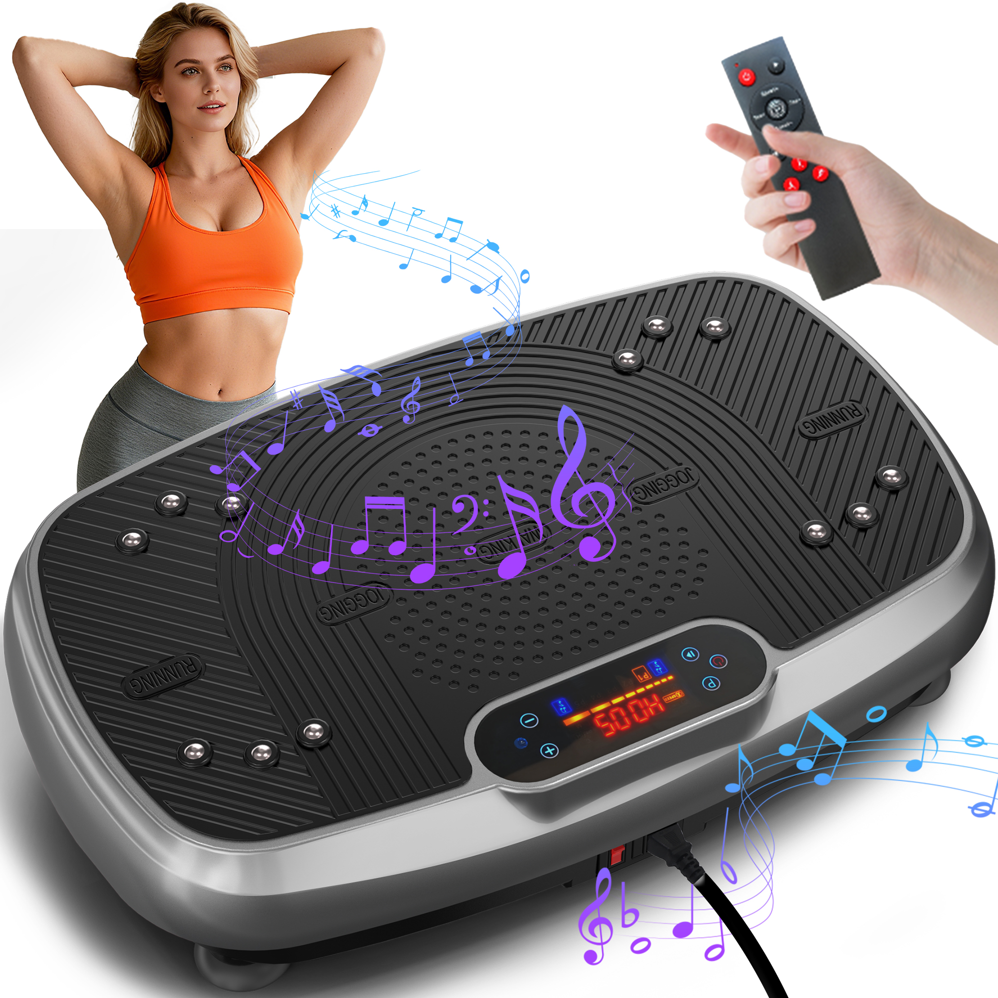 Frau mit Vibrationsplatte und Fernbedienung, Notenillustration.