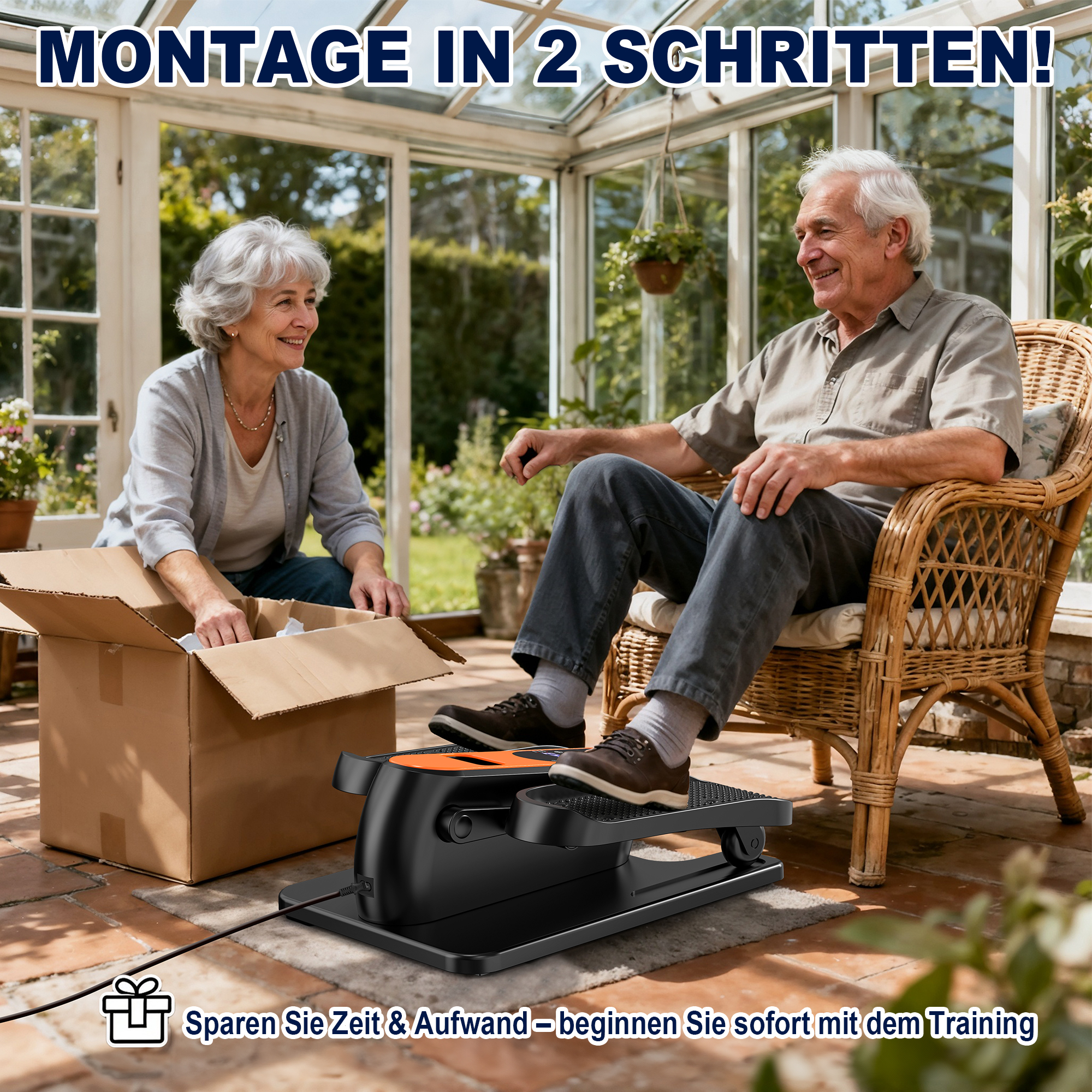 Älteres Paar im Wintergarten mit Fitnessgerät und Karton.
