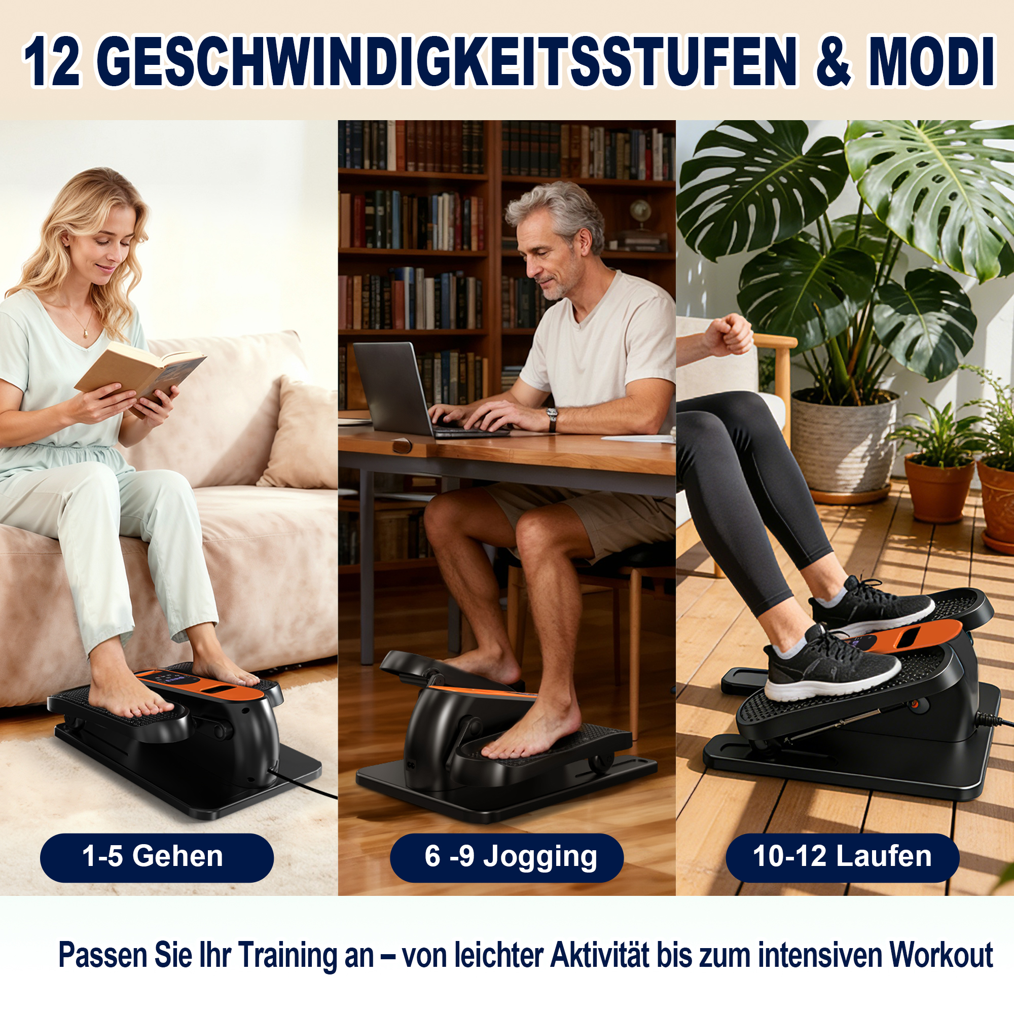 Drei Szenen zeigen Menschen auf Heimtrainern: Lesen, Arbeit, Sport.