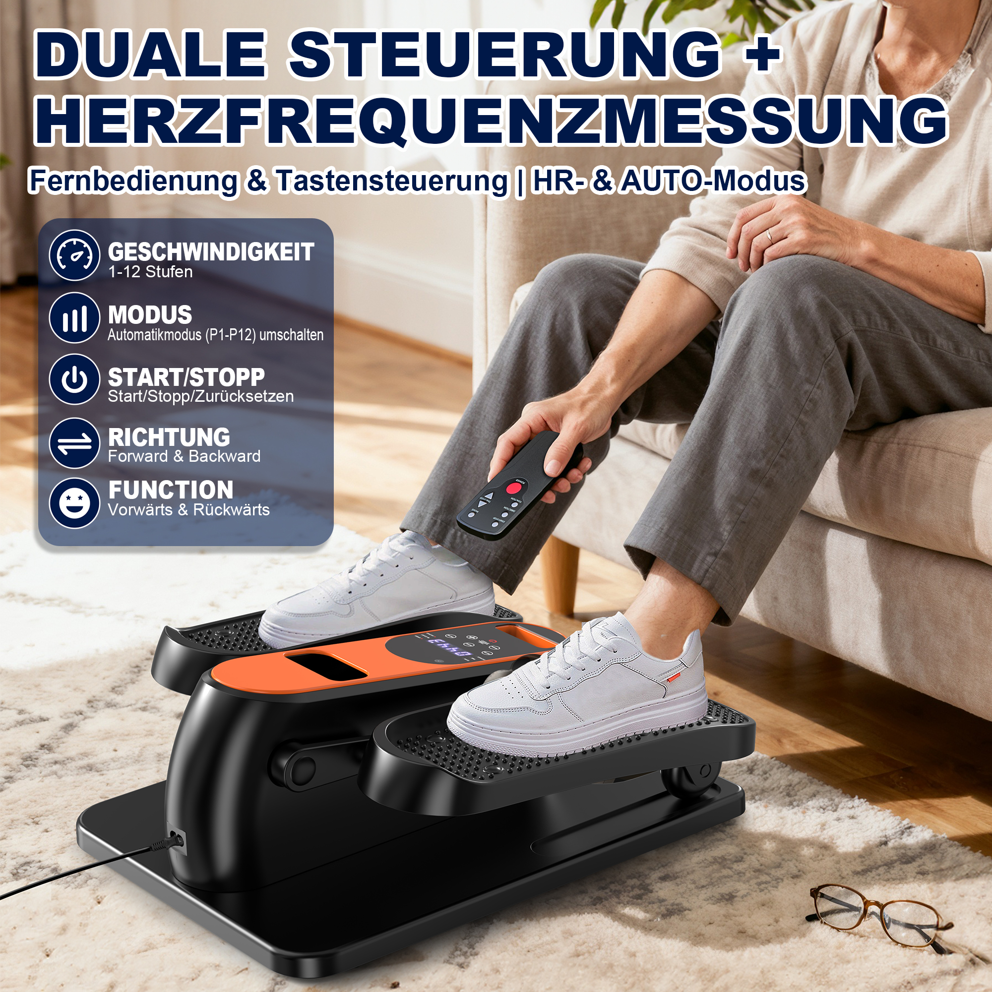 Ein Mann nutzt einen Heimtrainer mit Fernbedienung und Display.