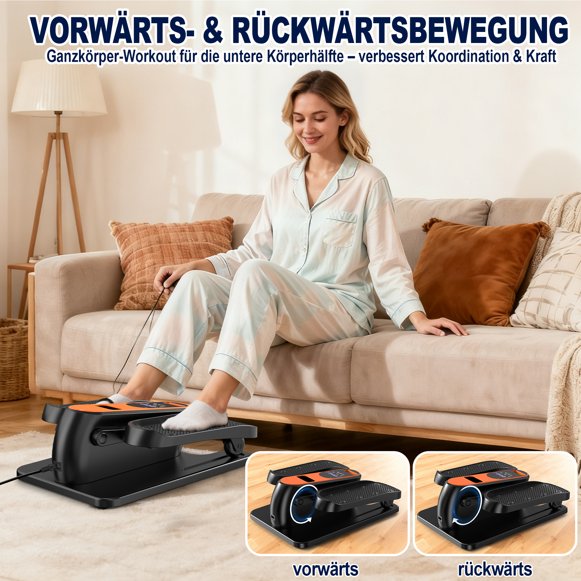 Frau auf Sofa benutzt Stepper; zeigt Vorwärts- und Rückwärtsbewegung.