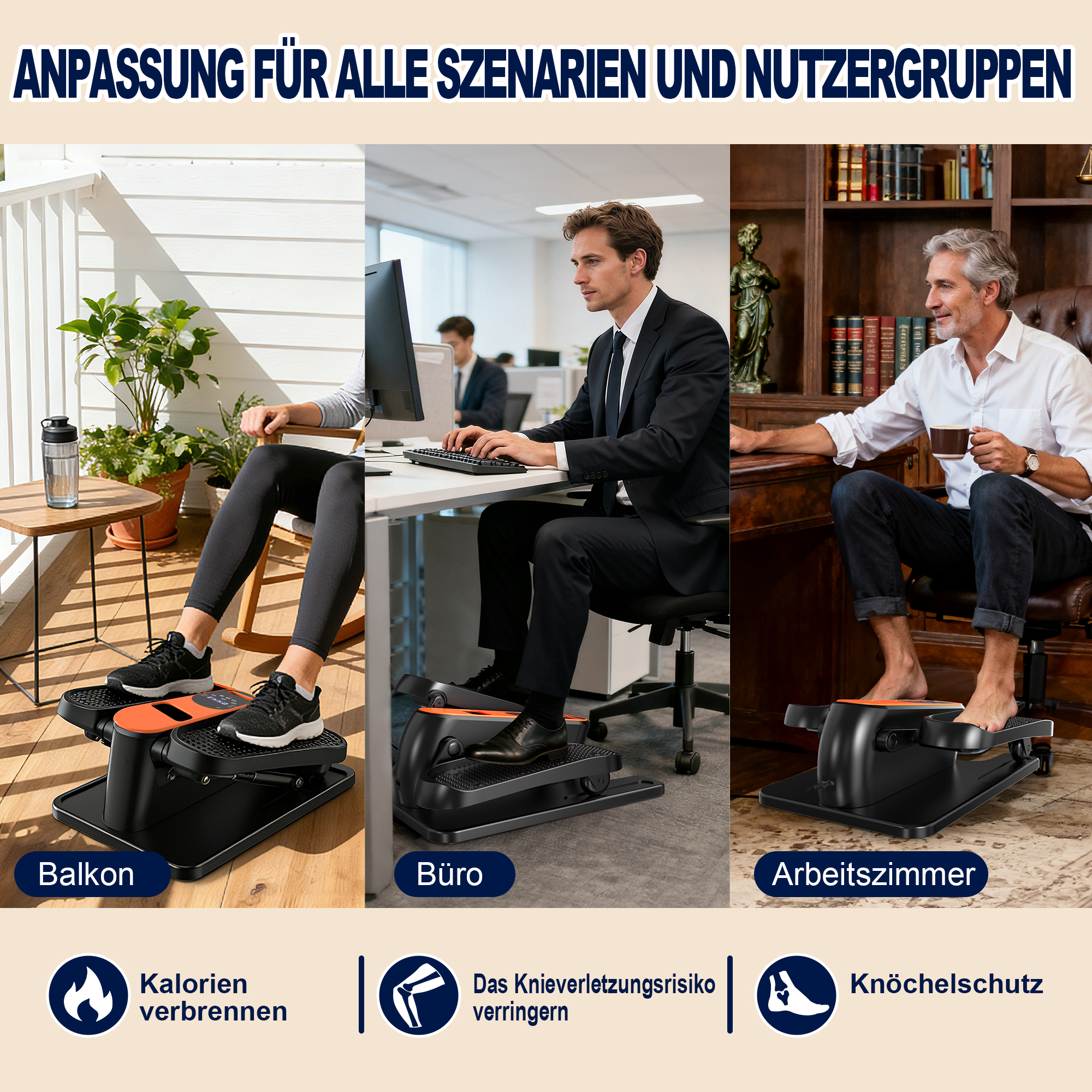 Drei Szenen: Balkon, Büro, Arbeitszimmer. Mit Mini-Stepper für Fitness.