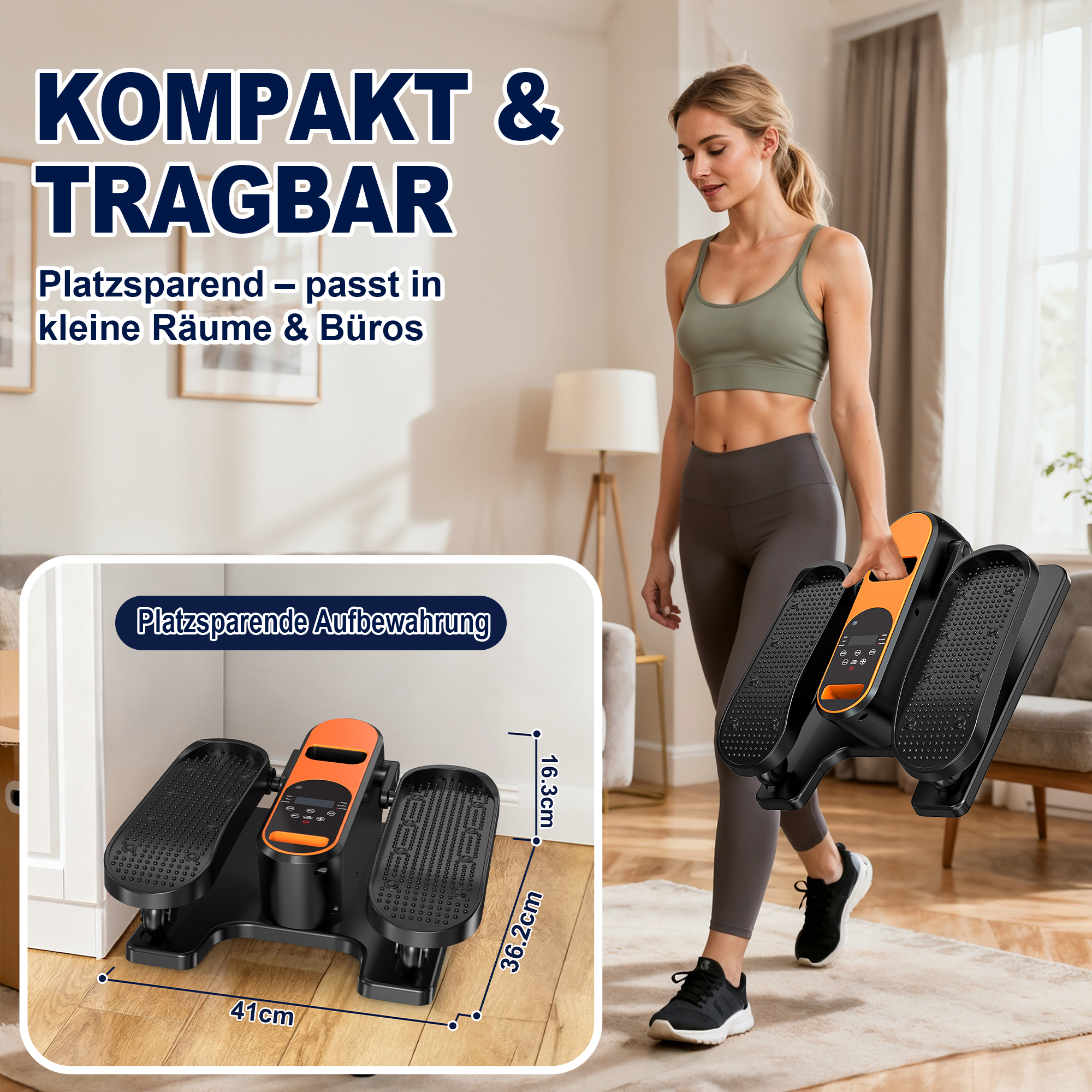 Eine Frau hält einen kompakten Heimtrainer in Orange und Schwarz. Maße sind angegeben.