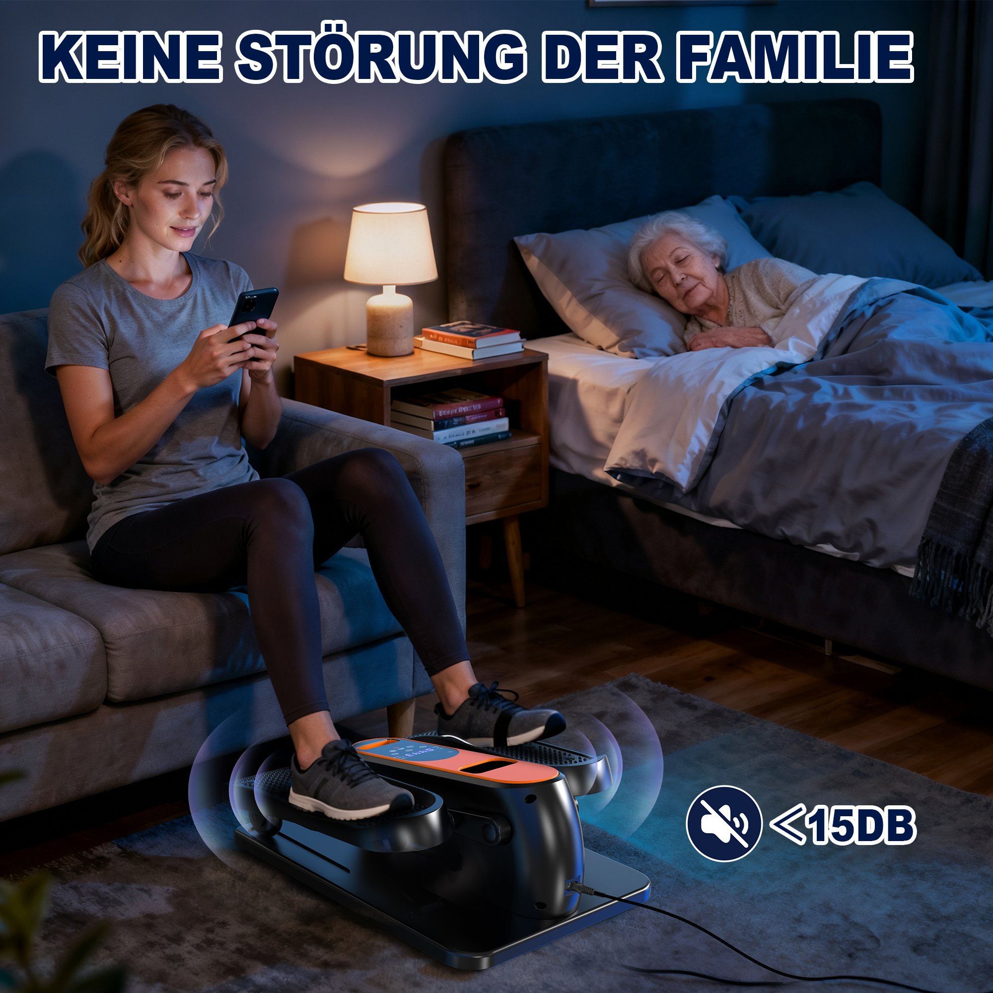 Junge Frau auf Sofa trainiert leise, ältere Frau schläft im Bett.