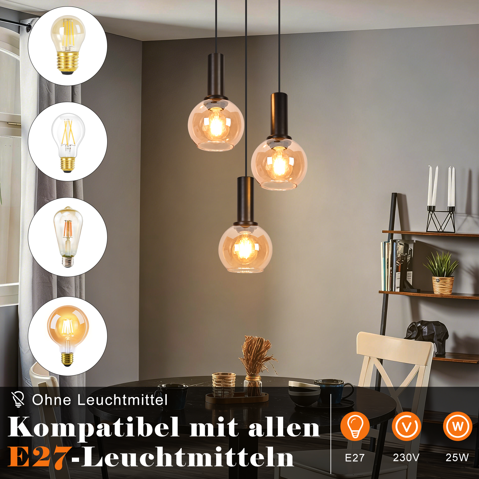 Lampa wisząca z trzema bursztynowymi kulami szklanymi nad stołem jadalnym.
