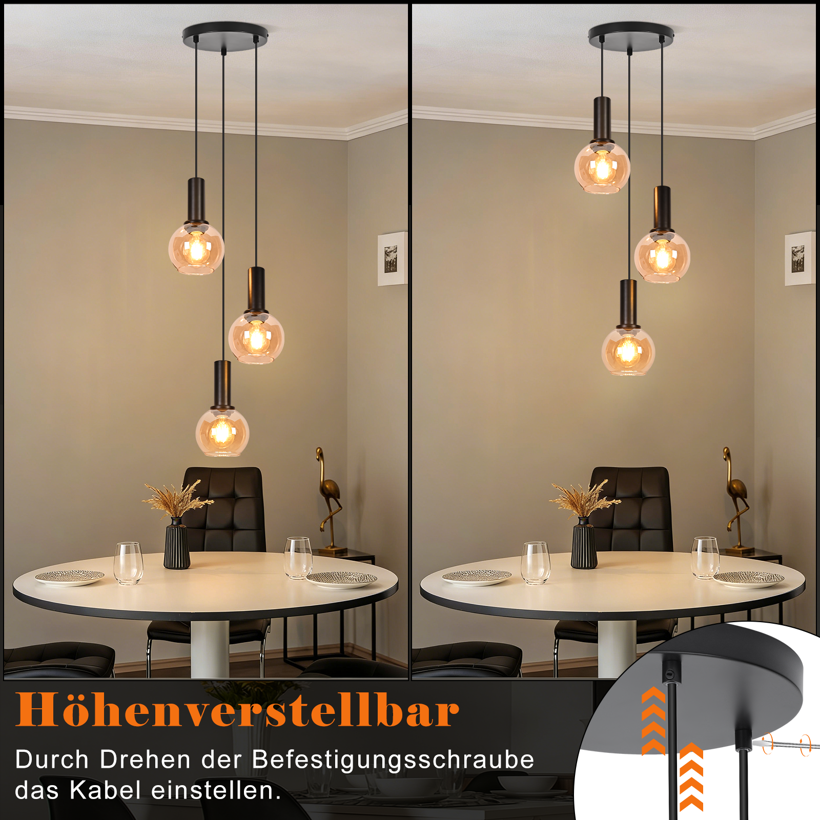 Lampa wisząca z trzema kulistymi kloszami nad stołem.