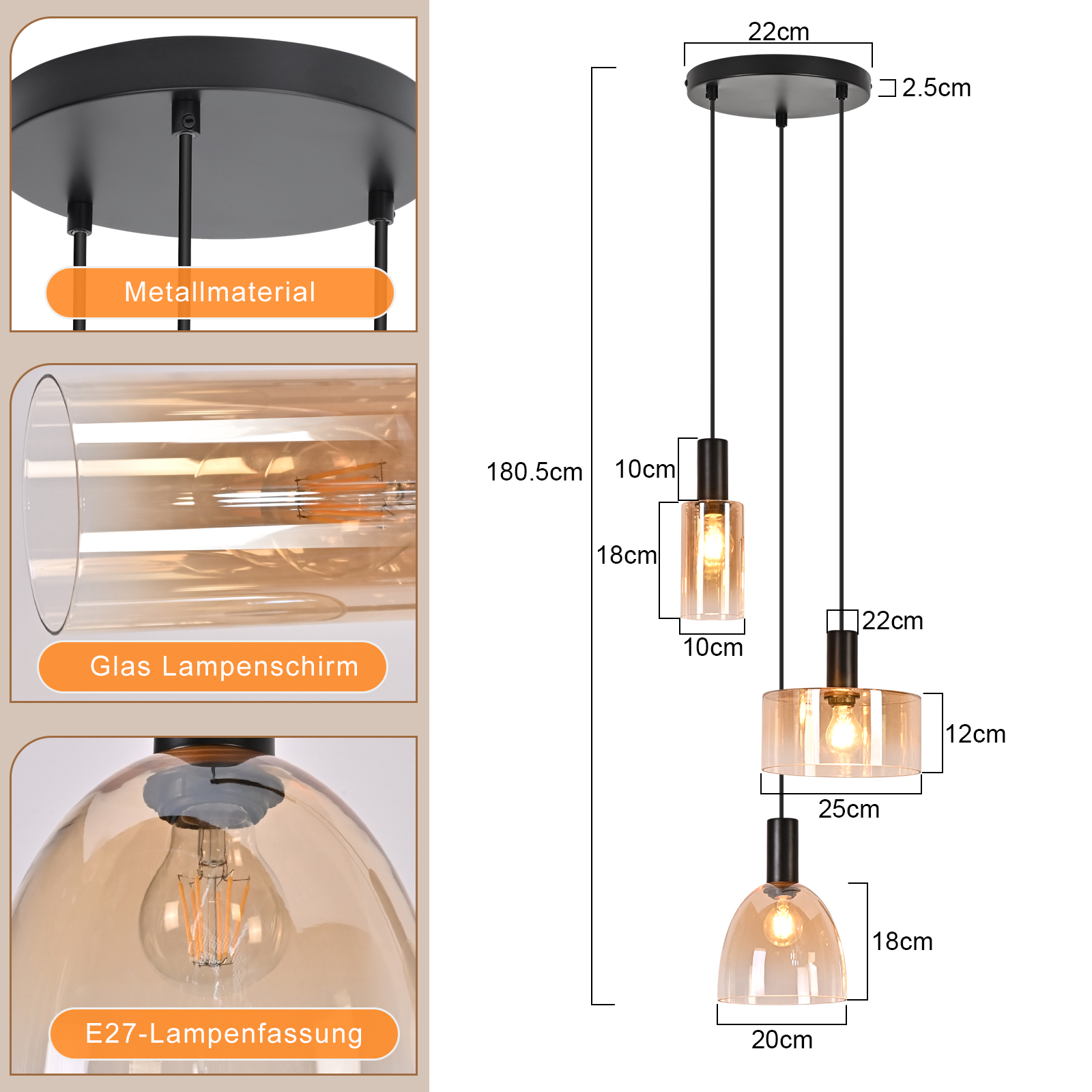 Eine Pendelleuchte mit drei bernsteinfarbenen Glasschirmen und Metallmaterial.