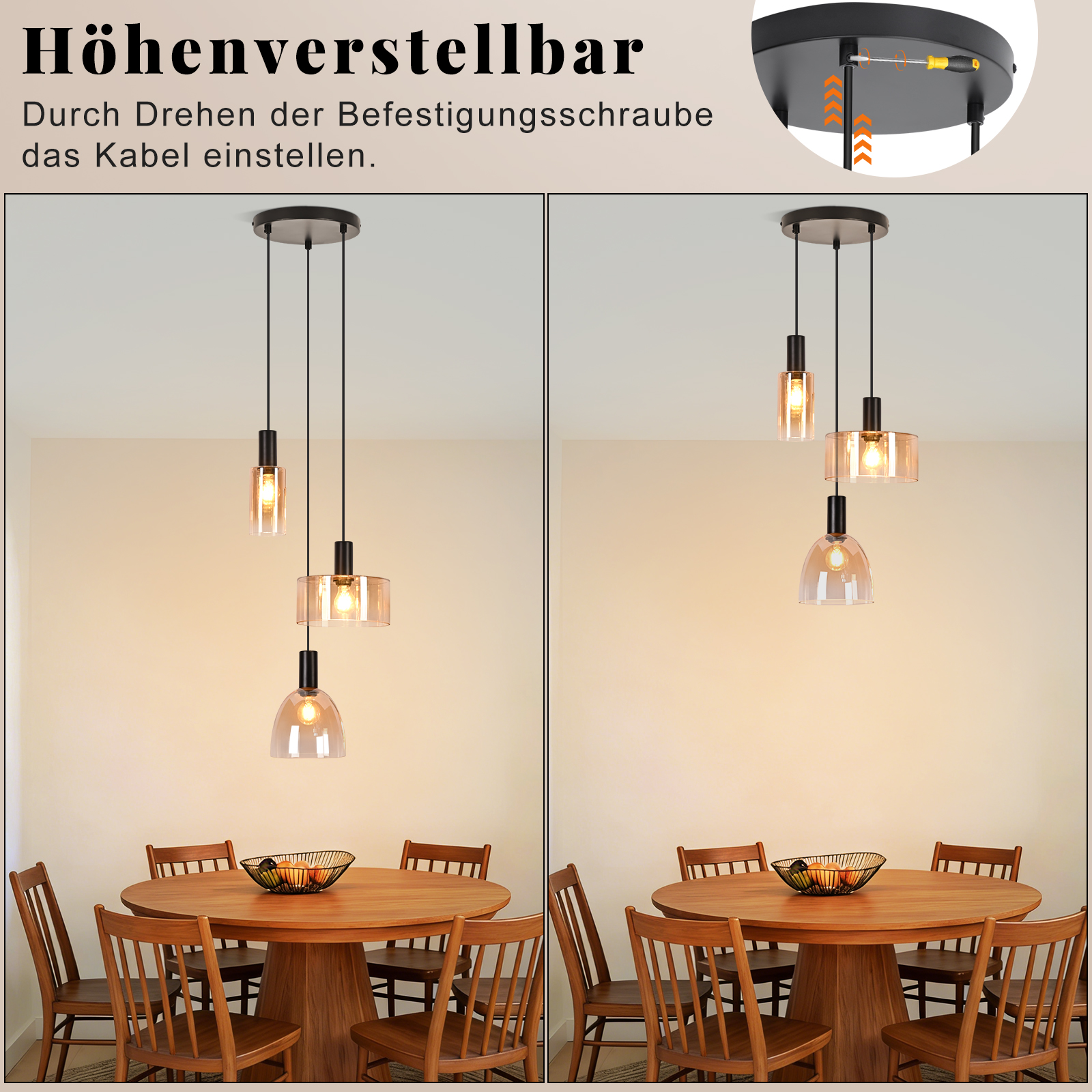 Verstellbare Pendelleuchte über Holztisch mit Stühlen. Detailansicht der Montage.