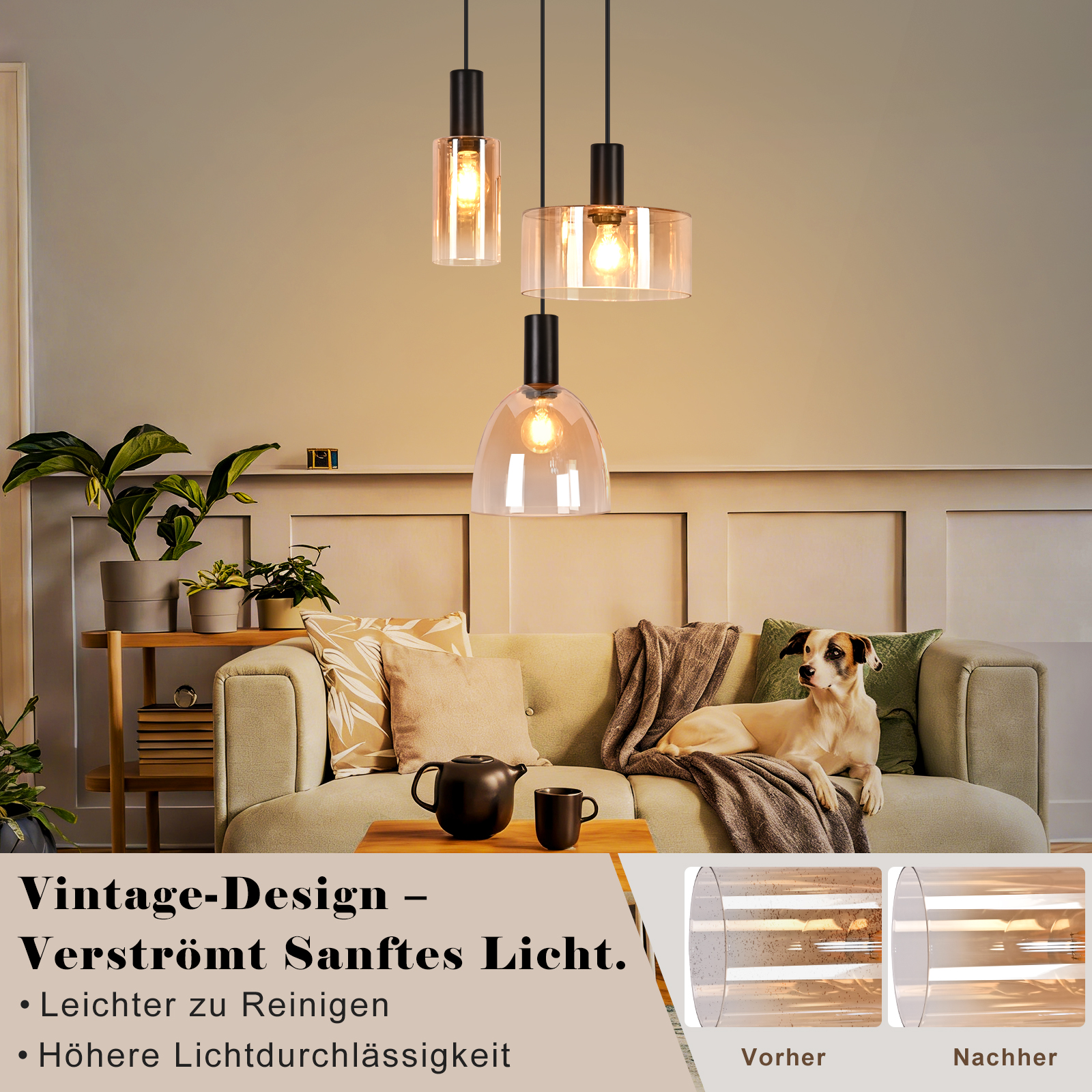 Drei Pendelleuchten über Sofa mit Hund. Vintage-Design.