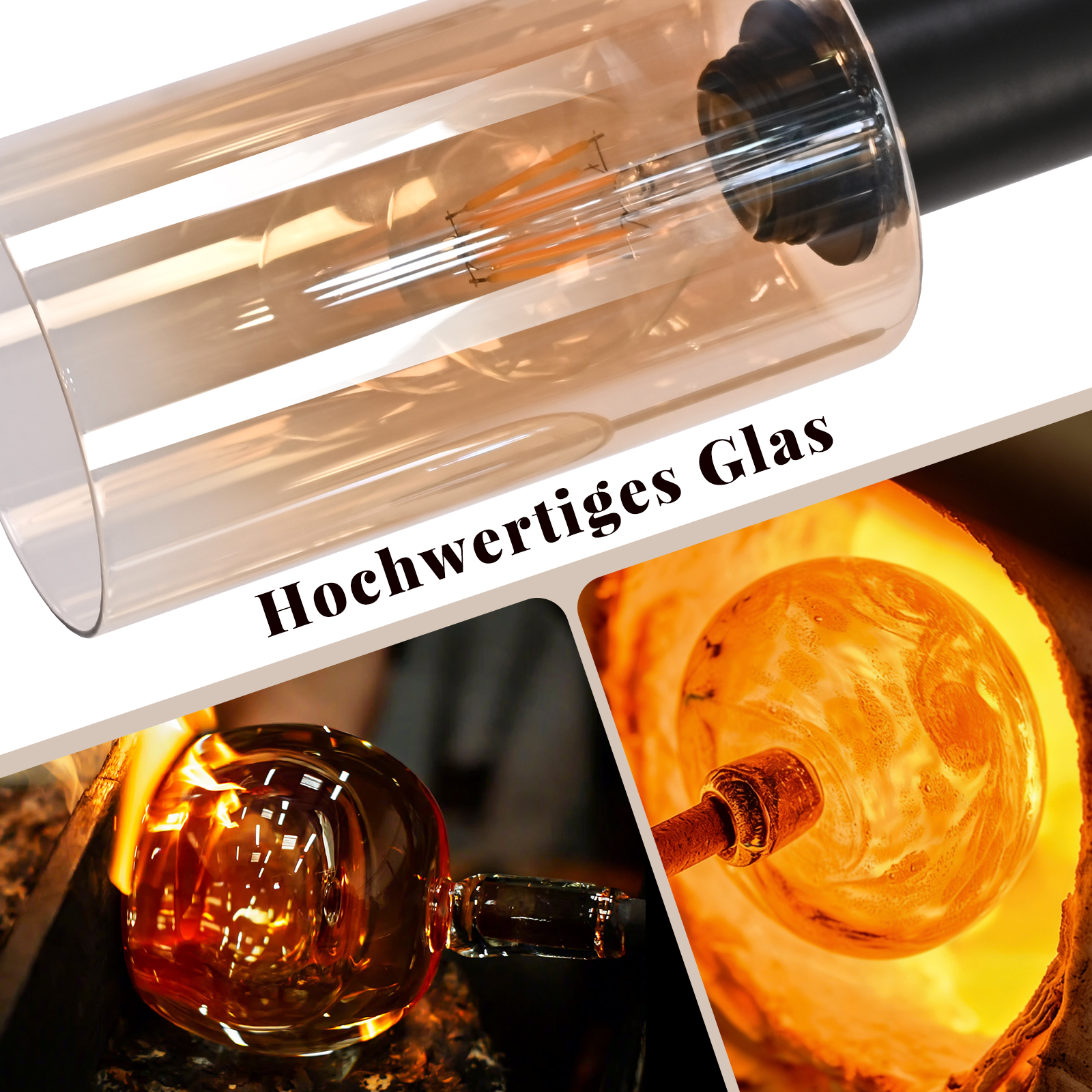 Glühendes Glas wird in einer Glasbläserei geformt und in einer Röhre erhitzt.