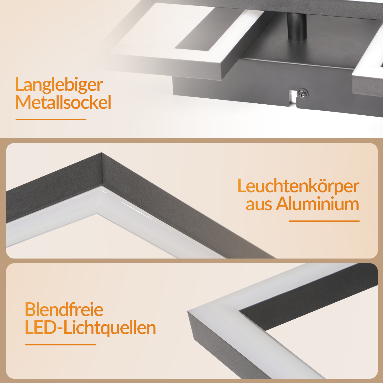 Tres primeros planos de una lámpara de metal oscura con luz LED.