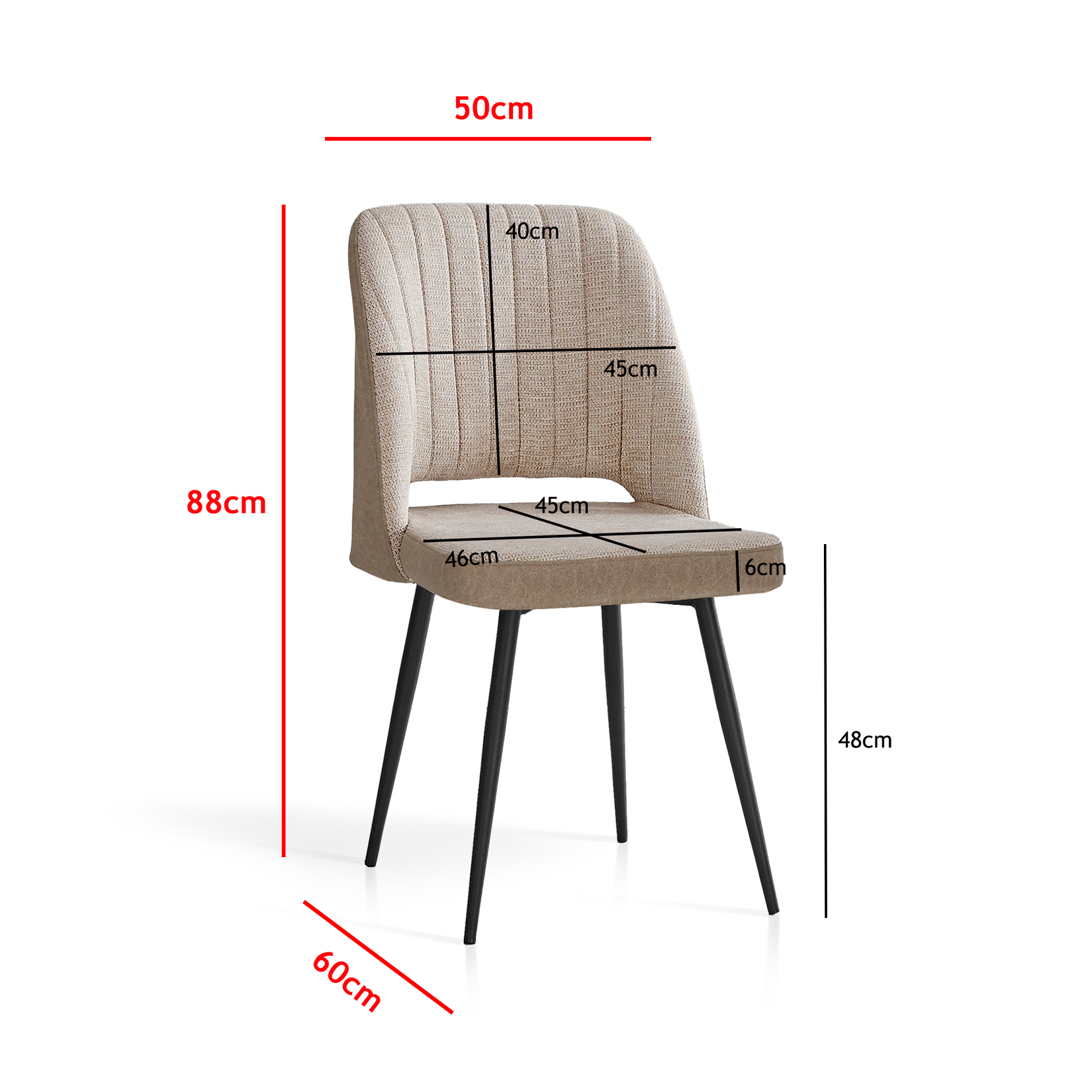 Silla beige acanalada con patas negras, se muestran las dimensiones.