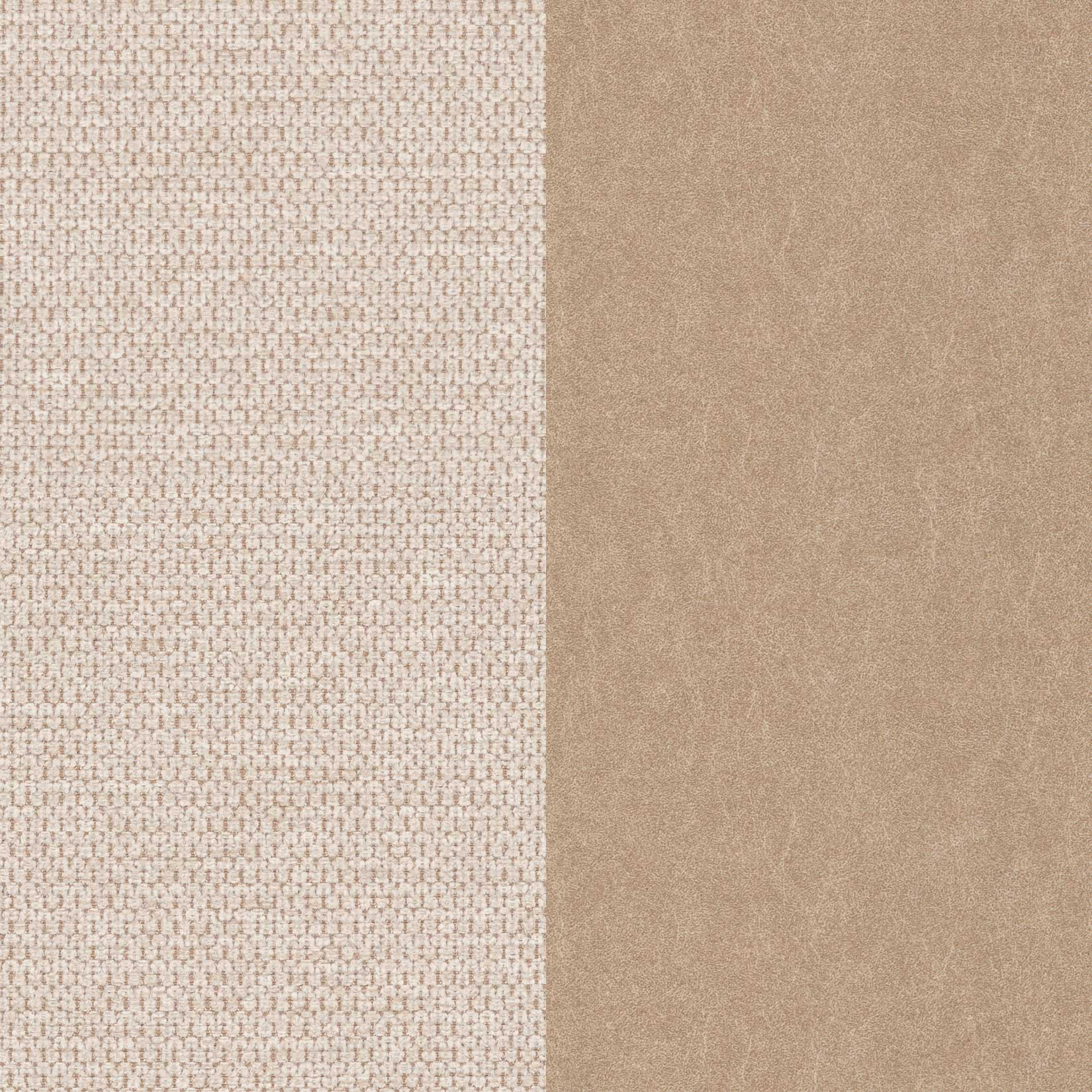 Dos texturas una al lado de la otra: tela color crema a la izquierda, cuero marrón claro a la derecha.