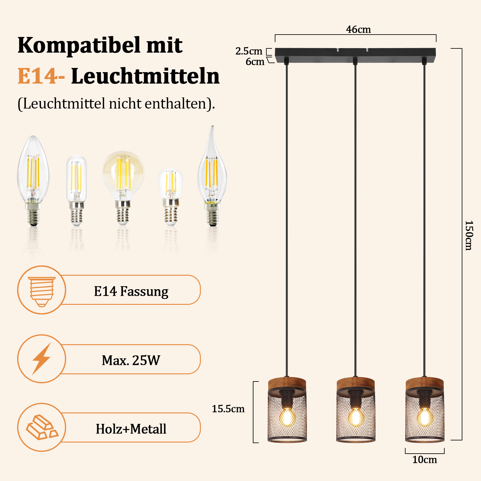 Lampa wisząca z trzema drewniano-metalowymi kloszami, gniazdo E14, maks. 25W.