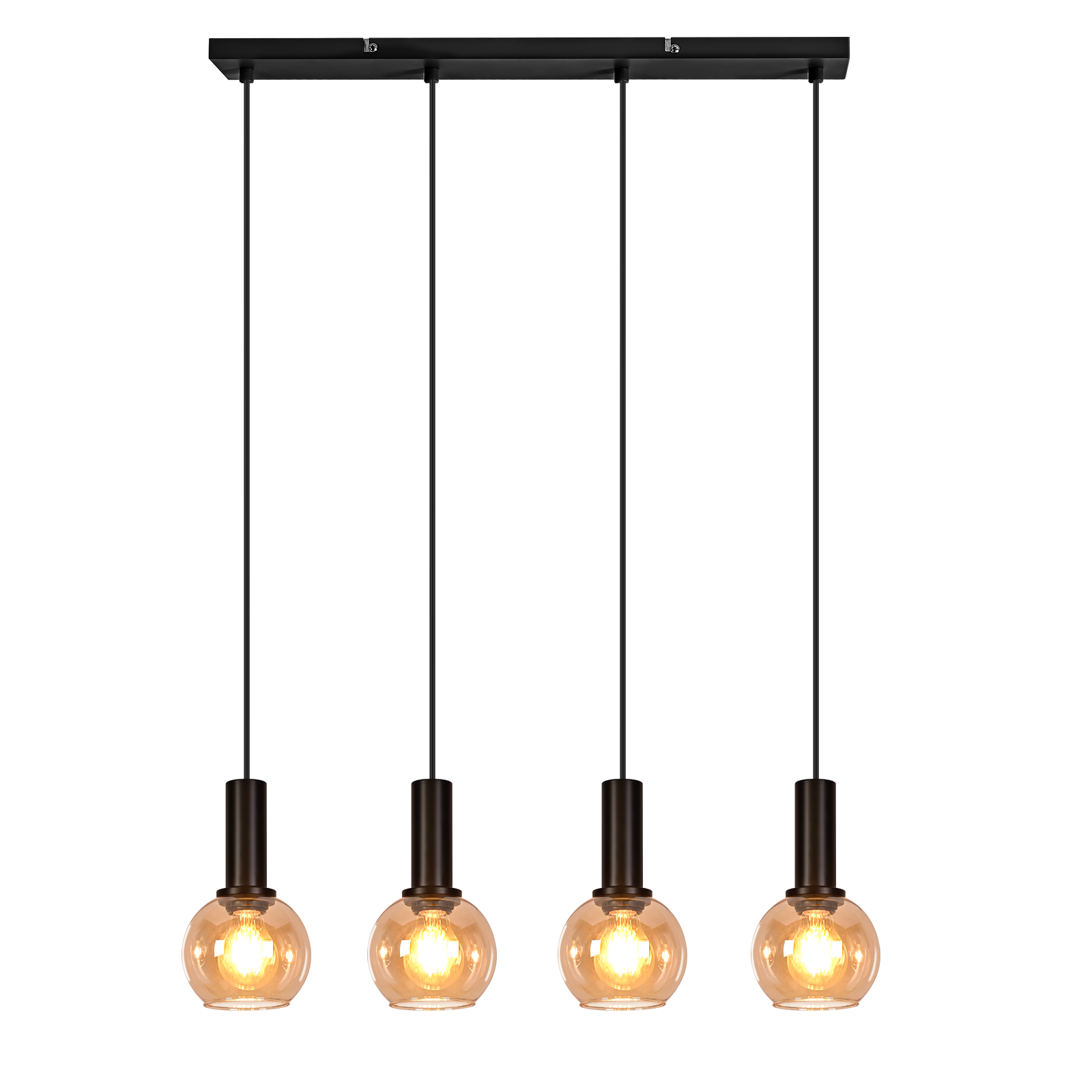Czarna lampa wisząca z czterema okrągłymi bursztynowymi kulami szklanymi i żarówkami.