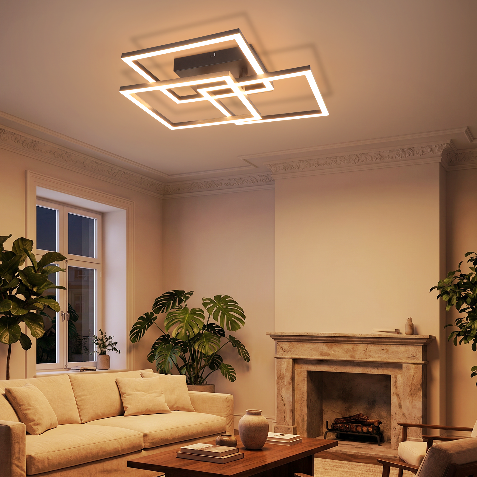 Una sala de estar moderna con sofá beige, chimenea y plantas.