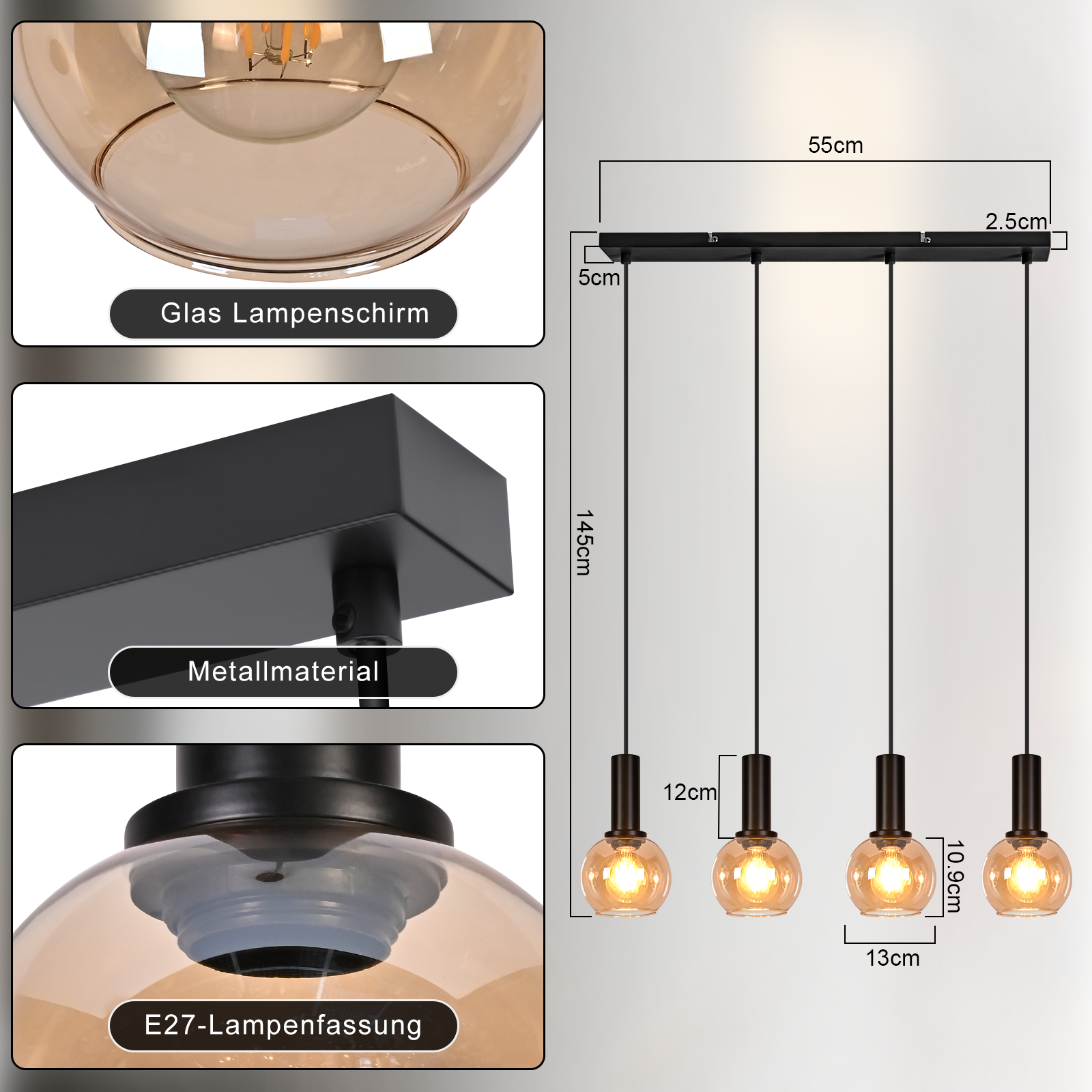 Lampa wisząca z czterema bursztynowymi kulami szklanymi i czarną ramą metalową.