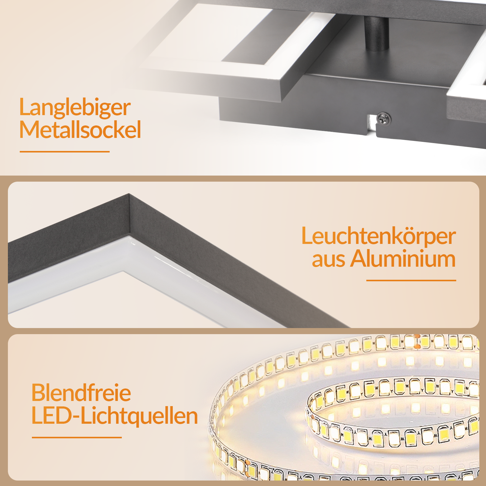 Base metálica, carcasa de aluminio, fuentes de luz LED antideslumbrantes.