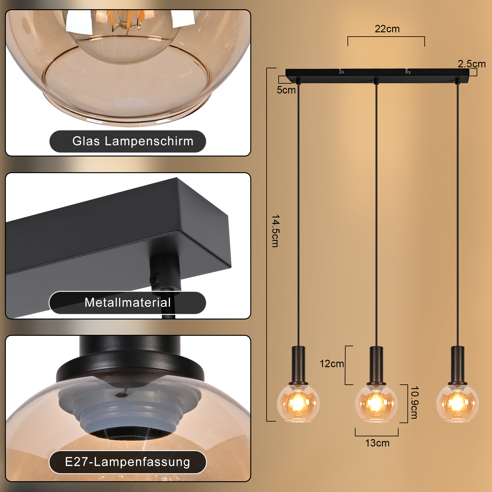 Lampa wisząca trzyramienna z czarną metalową belką sufitową i bursztynowymi kulami szklanymi.