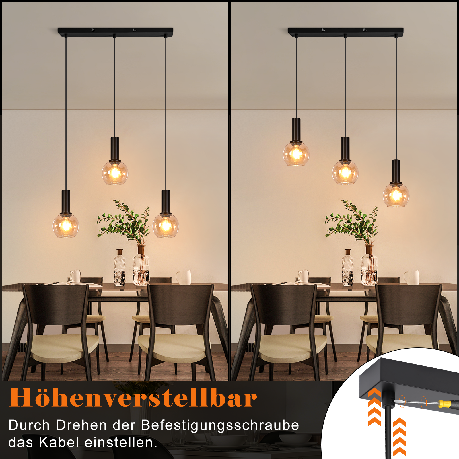 Lampa wisząca z trzema kloszami nad stołem jadalnym z krzesłami.