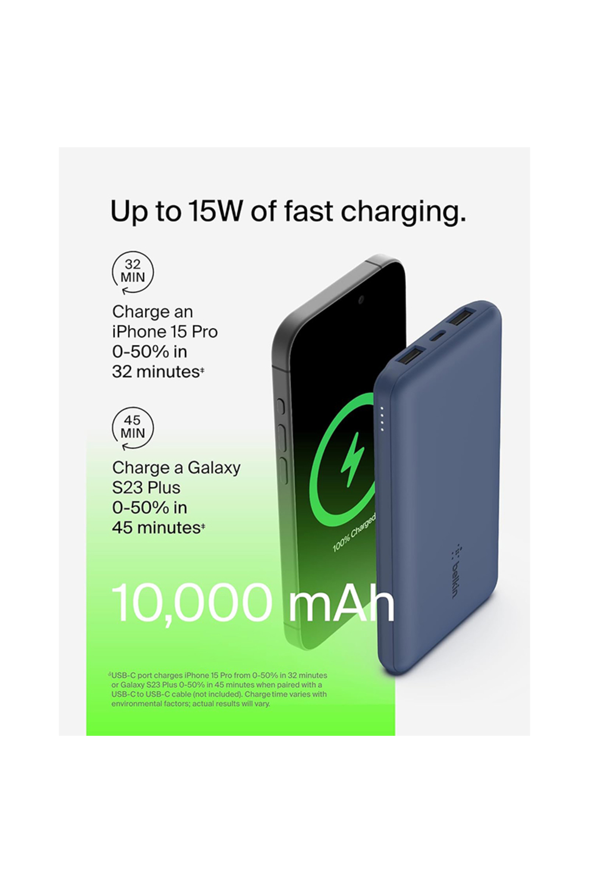 Un power bank blu carica un iPhone 15 Pro. 10.000 mAh.