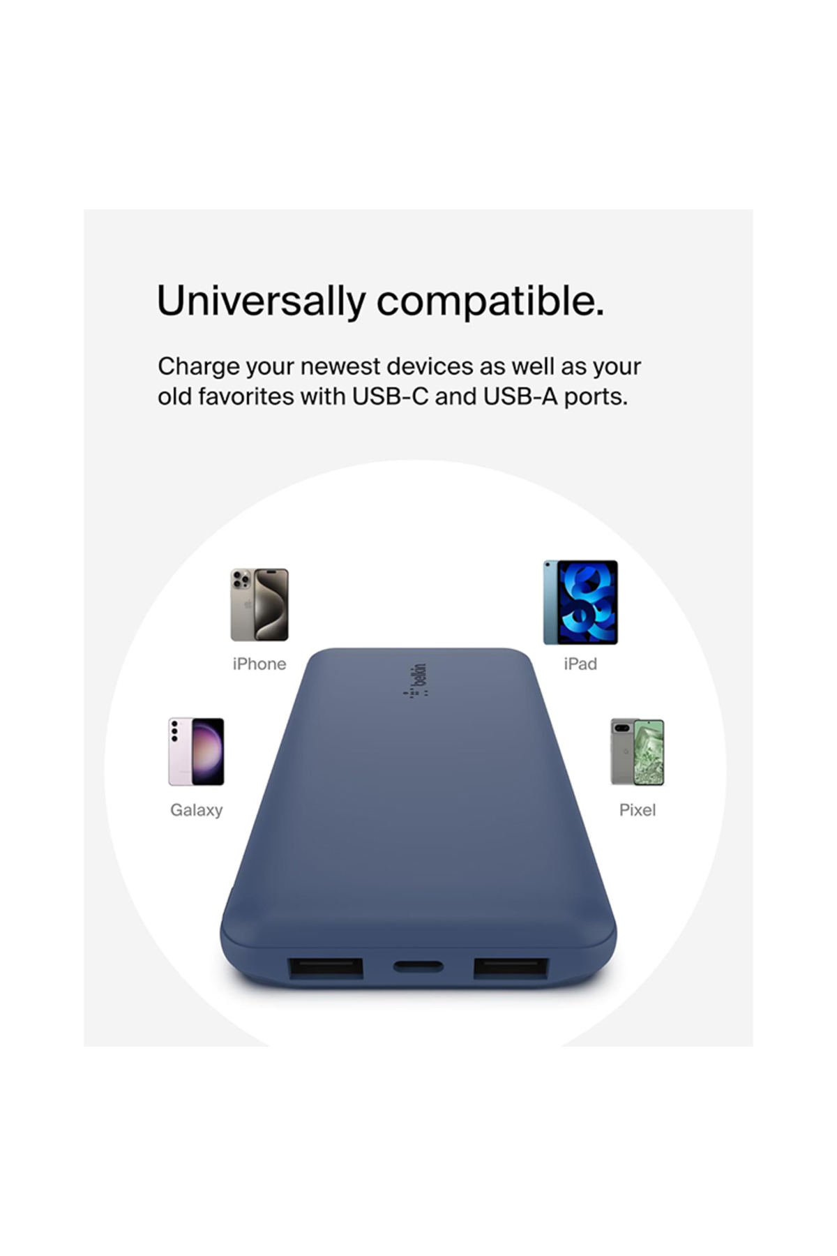 Un power bank blu con icone per iPhone, iPad, Galaxy e Pixel.