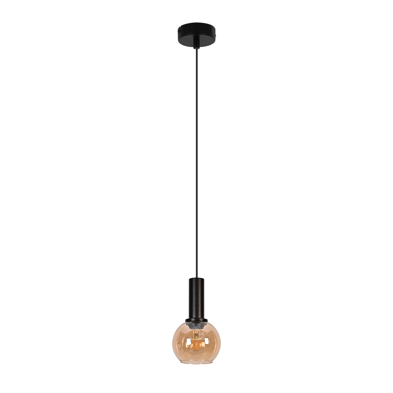 Czarna lampa wisząca z okrągłym bursztynowym szklanym kloszem.