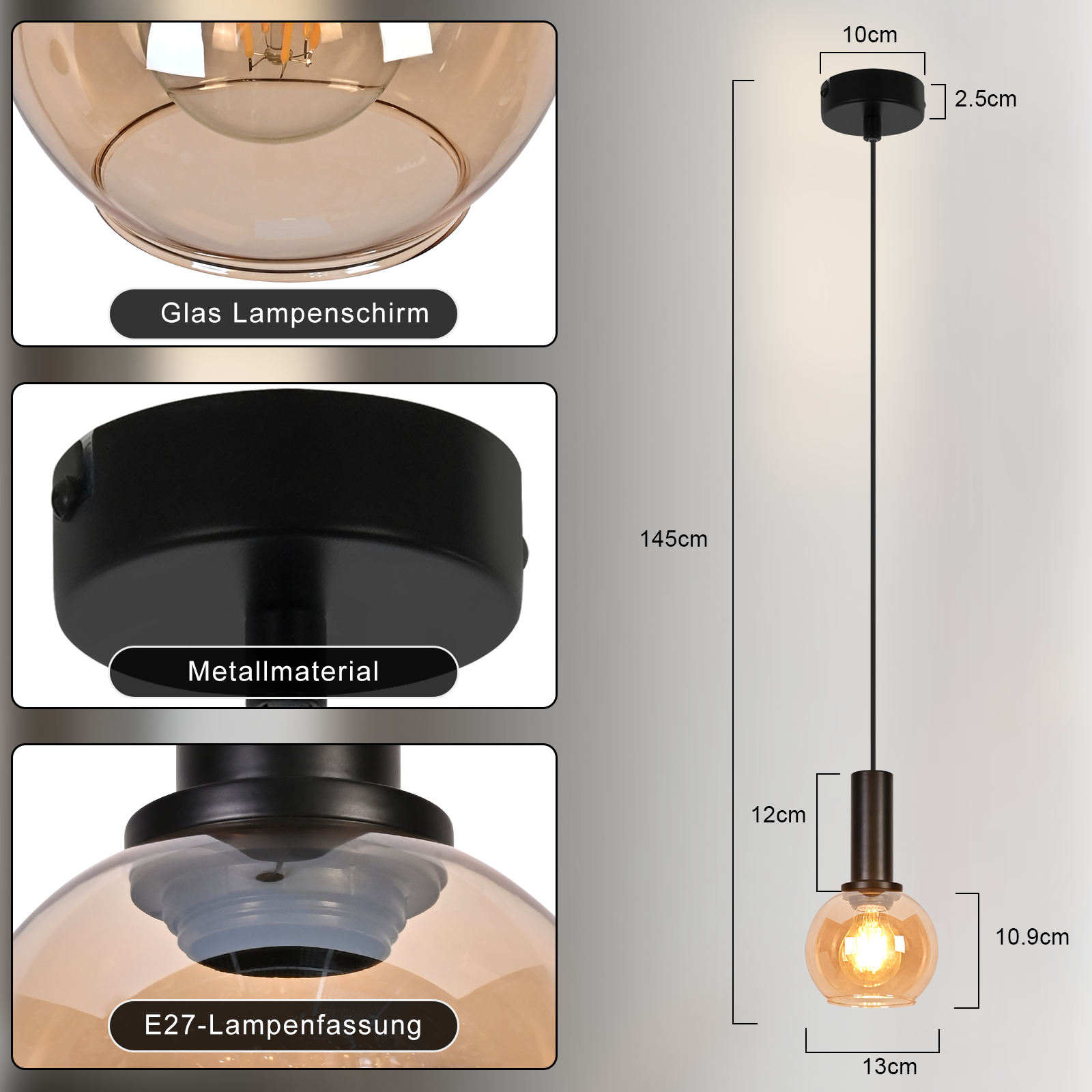Lampa wisząca z bursztynową szklaną kulą i czarnym metalem. Podano wymiary.