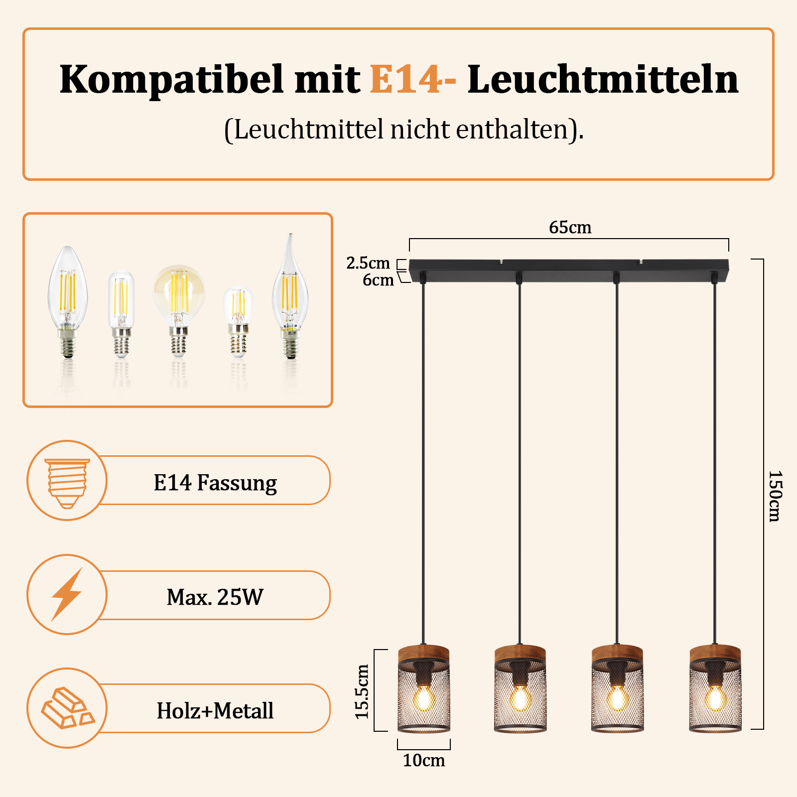 Lampa wisząca z czterema kloszami, drewno i metal, E14, maks. 25W.