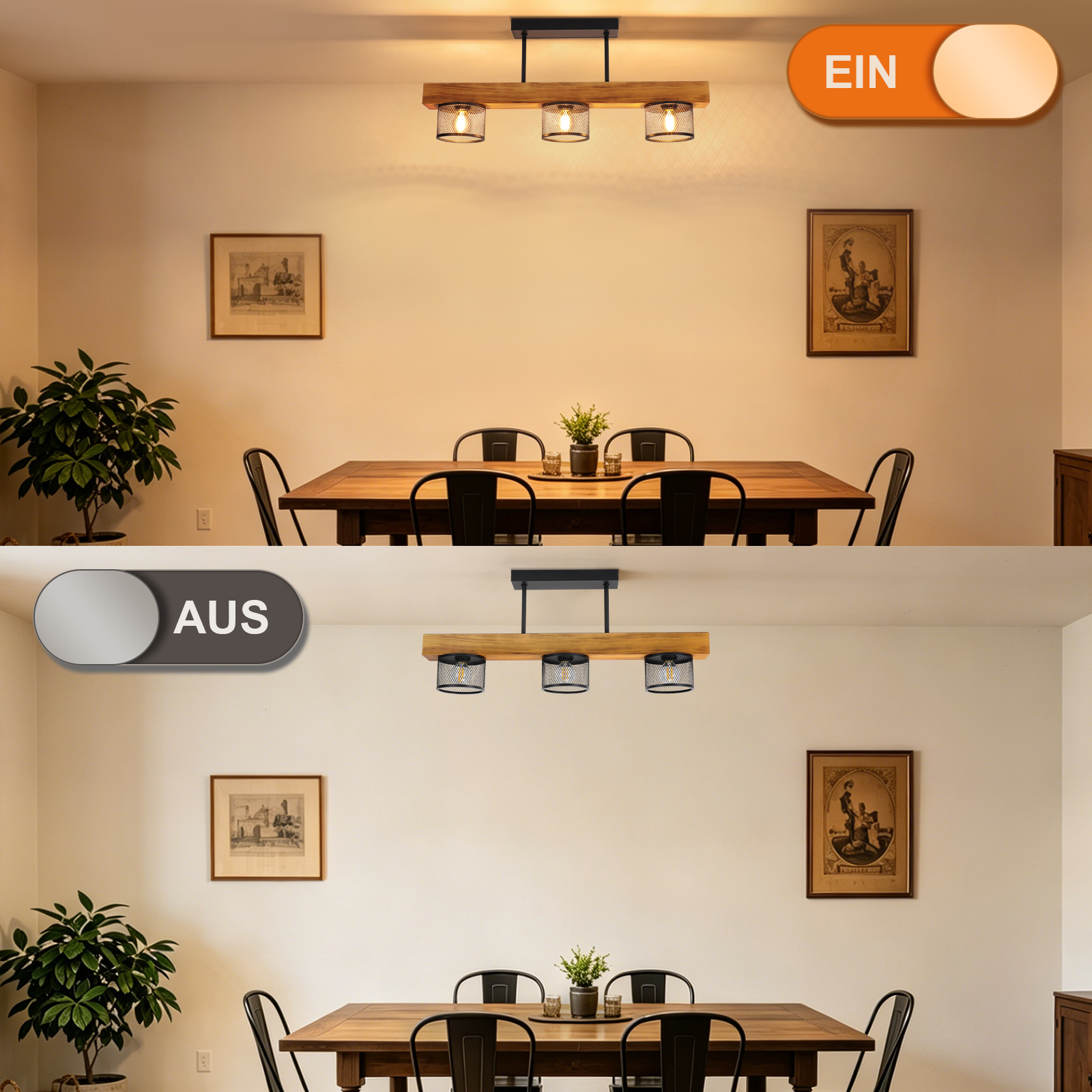 Un comedor con mesa de madera, sillas y lámpara de viga de madera. ENCENDIDO arriba, APAGADO abajo.