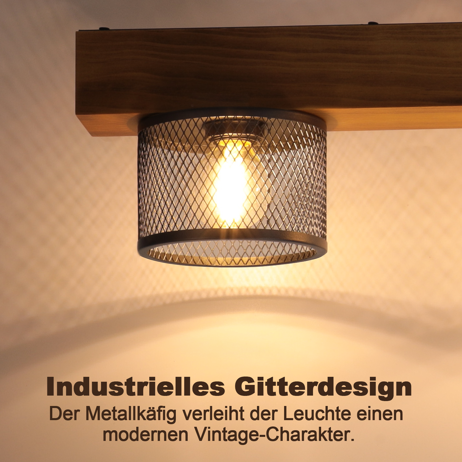 Una lámpara colgante industrial con viga de madera y jaula de malla metálica.