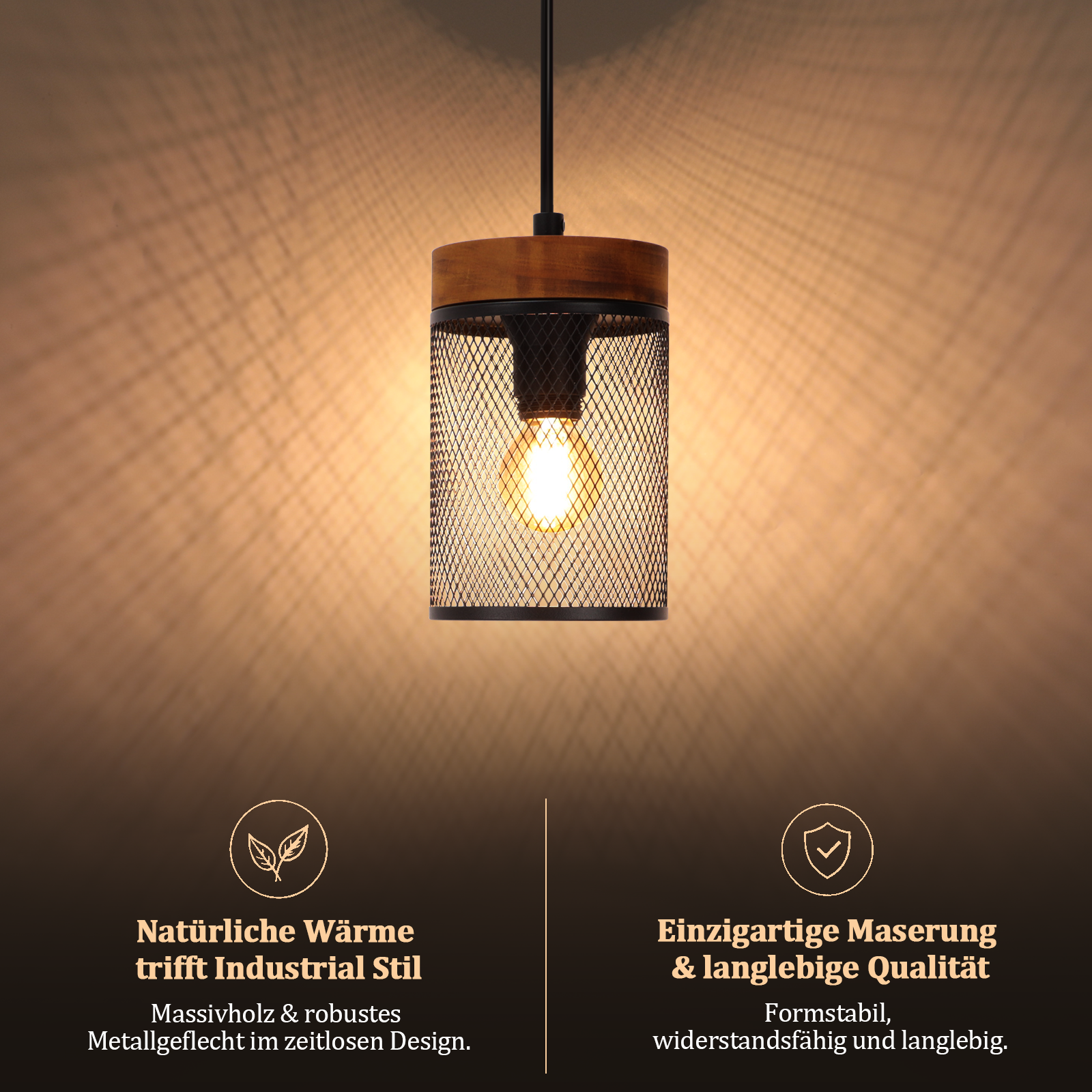 Lampa wisząca z drewnianym blatem i czarnym kloszem z siatki wokół żarówki.