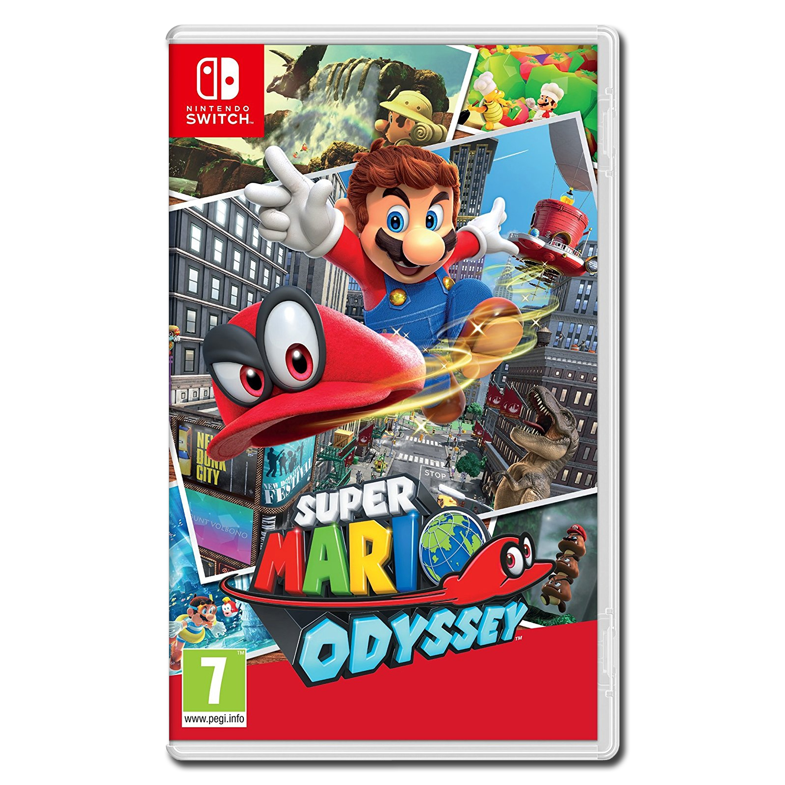 Custodia Super Mario Odyssey per Nintendo Switch con Mario e Cappy in città.