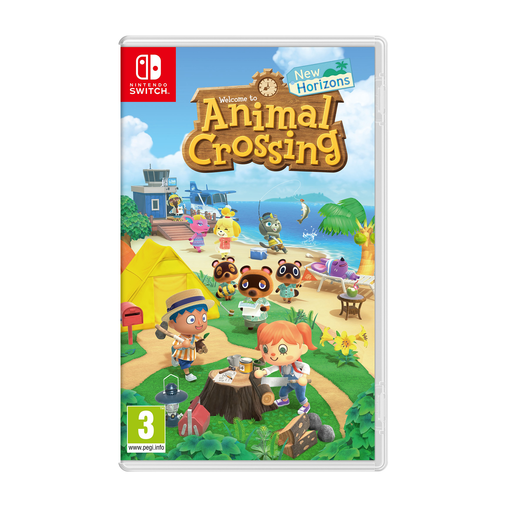 Copertina del gioco Animal Crossing: New Horizons con personaggi su una spiaggia vicino a un aereo.