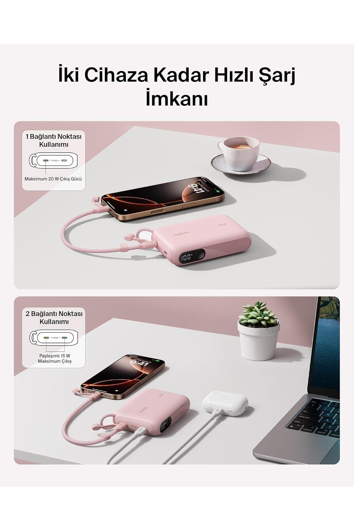 Pembe bir powerbank telefon şarj ediyor. Yakında bir fincan kahve var.