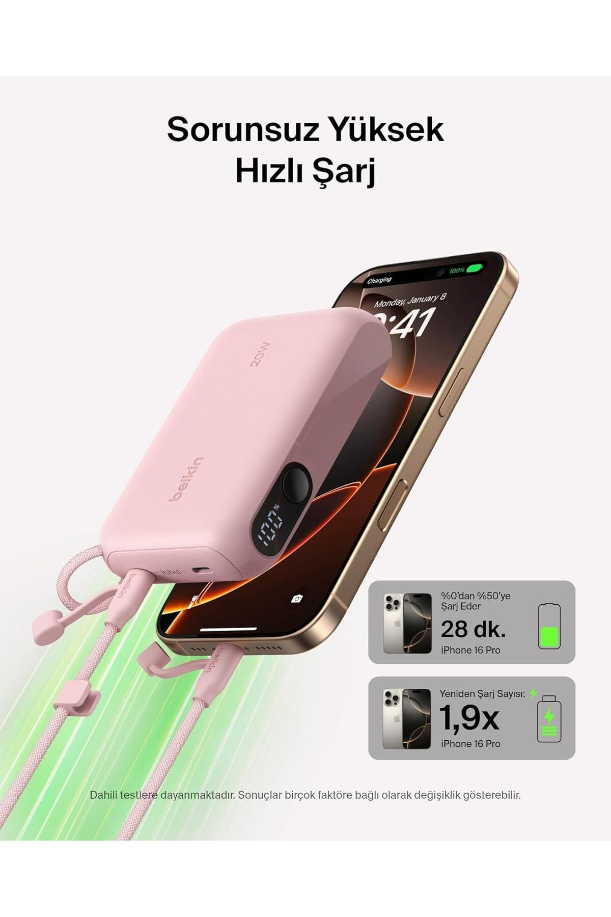 Pembe Belkin powerbank iPhone şarj ediyor. Ekran %100 gösteriyor.