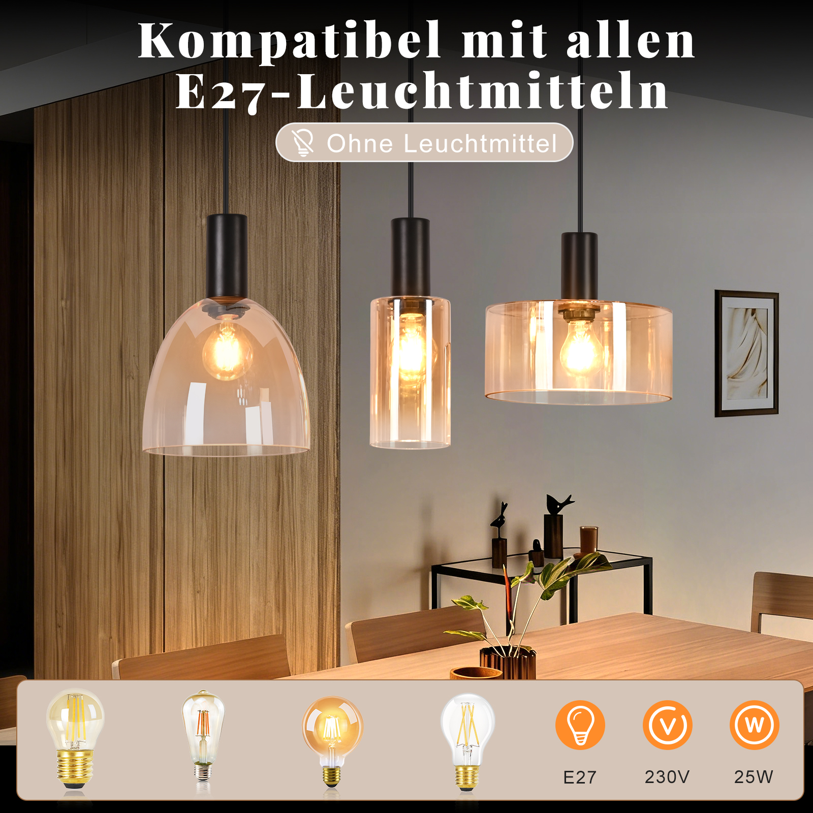 Drei Pendelleuchten über einem Holztisch, unten diverse Glühbirnen.