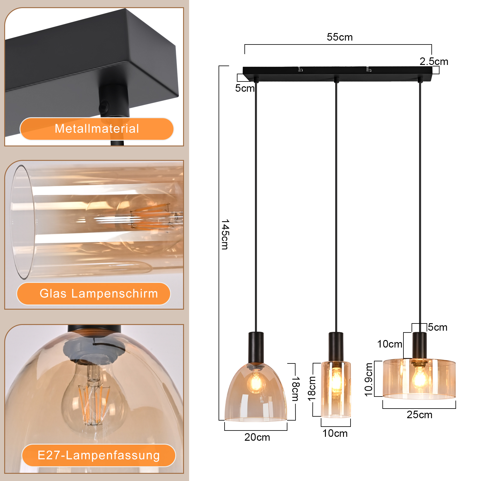 Pendelleuchte mit drei bernsteinfarbenen Glasschirmen und schwarzem Metallgestell. Maße angegeben.