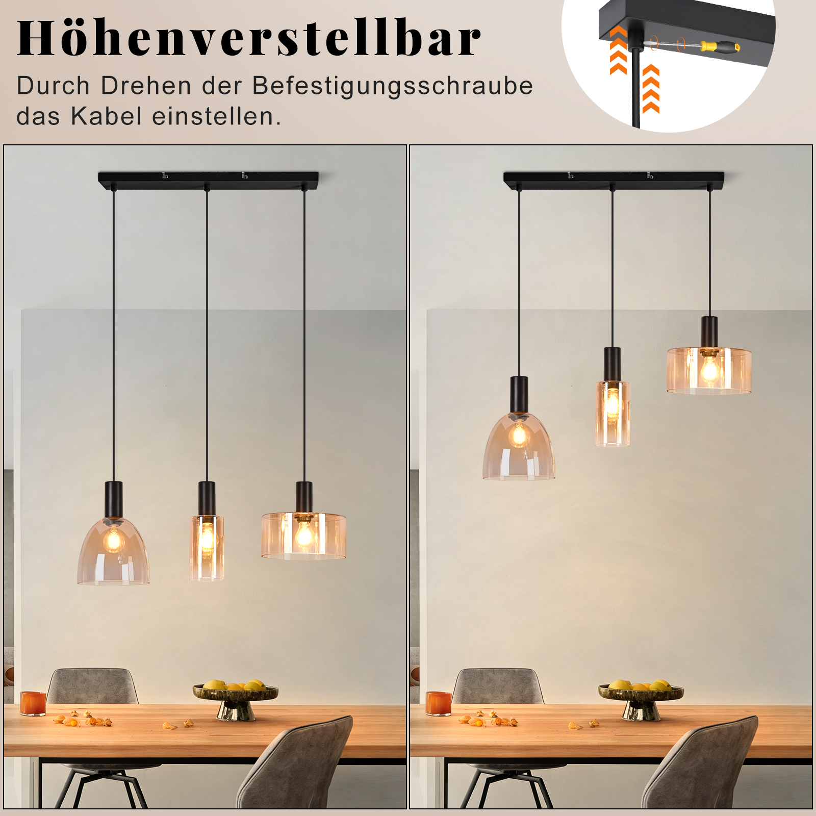 Hängeleuchten mit verstellbarer Höhe über einem Holztisch mit Obstschale.