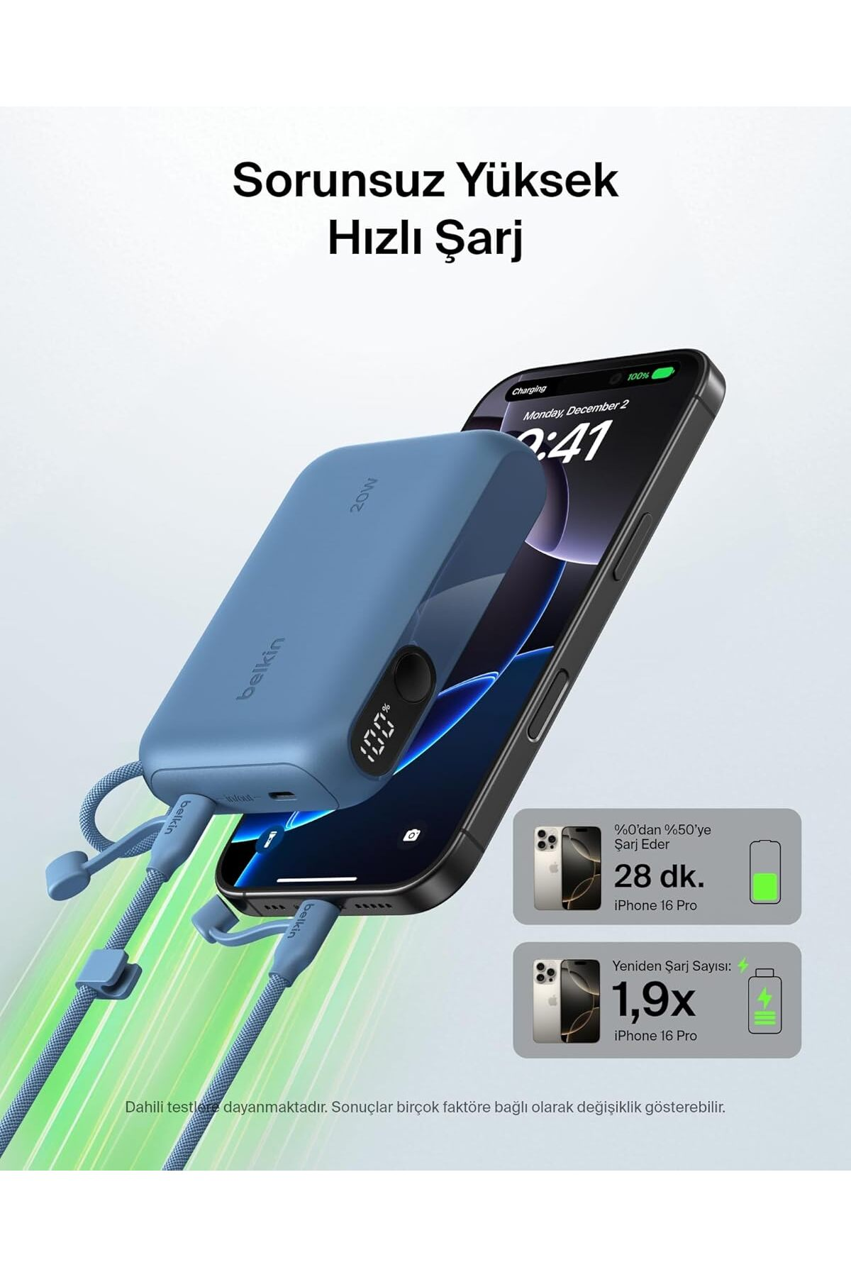 Mavi Belkin powerbank iPhone 16 Pro şarj ediyor. Ekran %100.