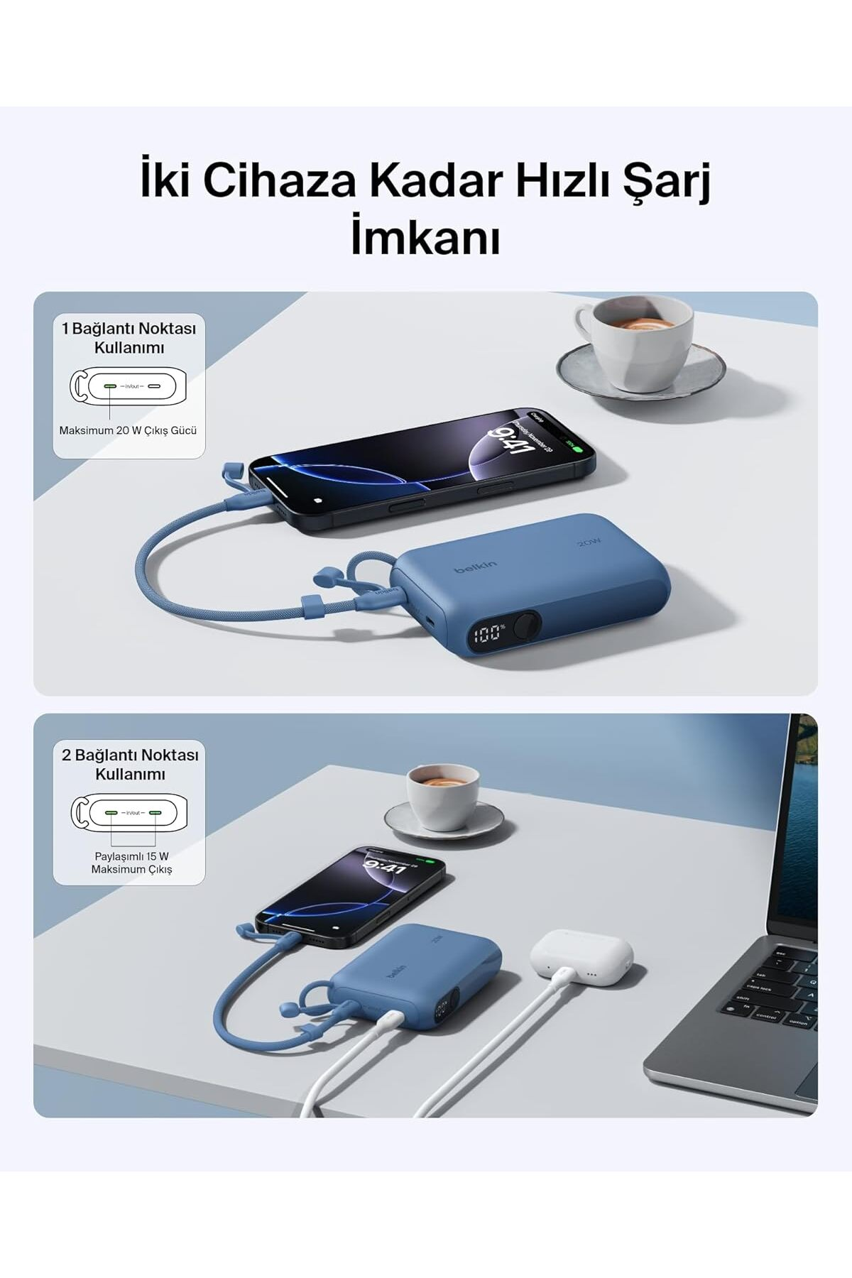 Mavi powerbank iPhone ve AirPods şarj ediyor. %100 şarj gösteriyor.