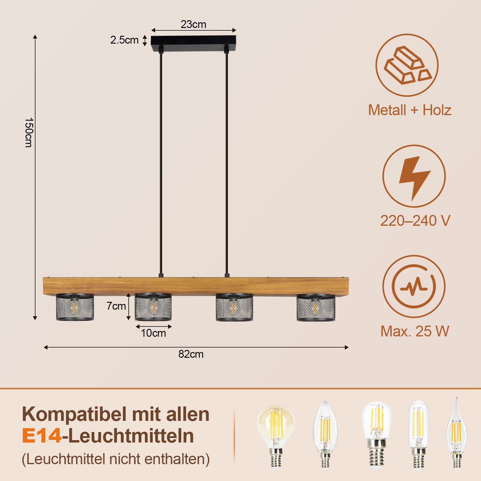 Drewniana lampa z czterema kloszami, wymiarami i kompatybilnością E14.