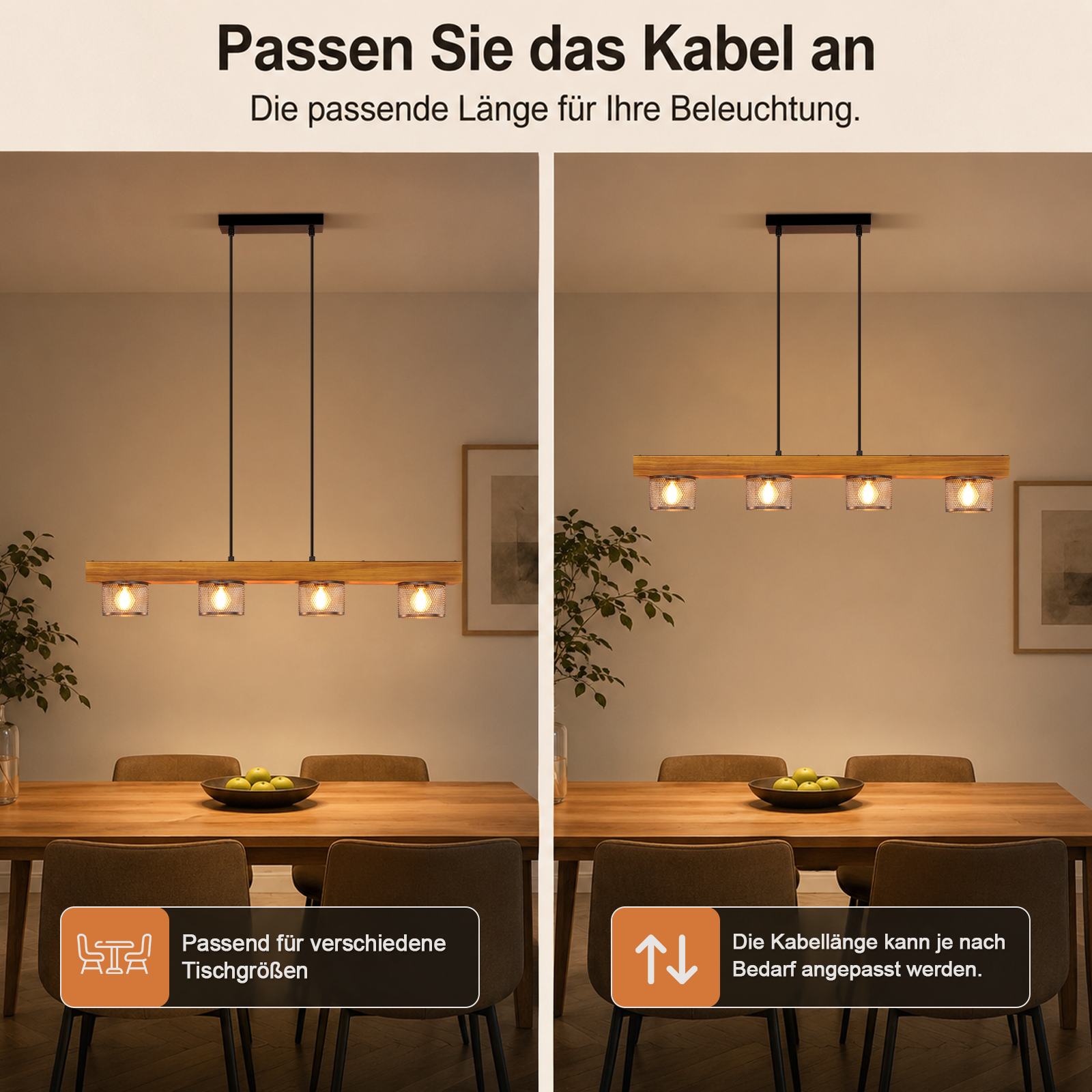 Lampa wisząca nad stołem jadalnym z regulowaną długością kabla.
