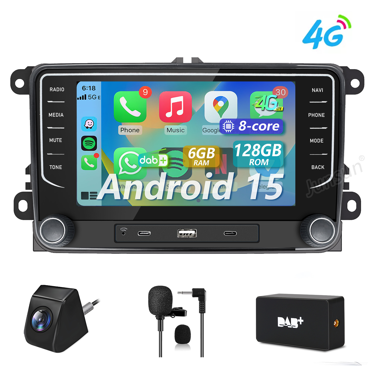 Ein Autoradio mit Android 15, DAB+, Kamera, Mikrofon und 4G-Symbol.
